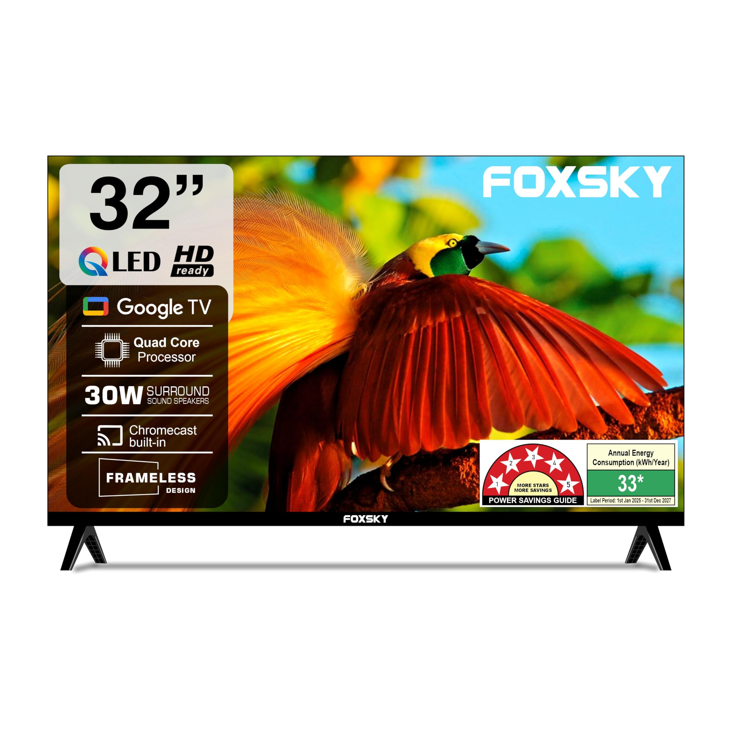 Foxsky 80 cm (32 inch) Frameless Series QLED HD Ready Google Smart TV FS32GATV (Black)