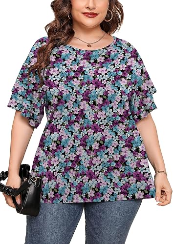 AusLook Plus Size Tunic for Women Double Ruffle Short Sleeve Clothes Loose Fit Clothing Flowy Shirts Summer Tops