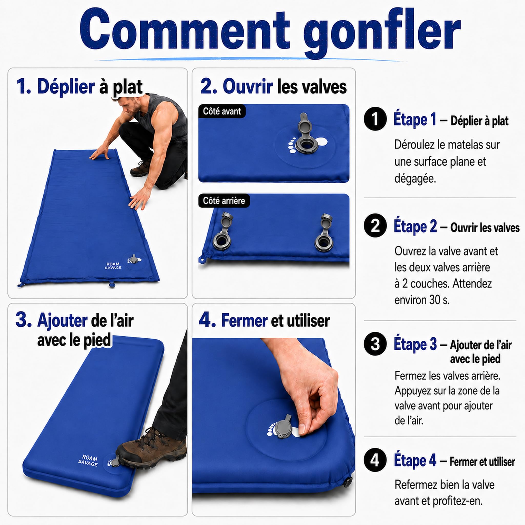 ROAM SAVAGE Tapis de camping autogonflant avec oreiller intégré, léger | R-Value 8.0 Matelas de couchage isolé, usage 4 saisons, pour randonnée, bivouac, terrasse, intérieur, soleil