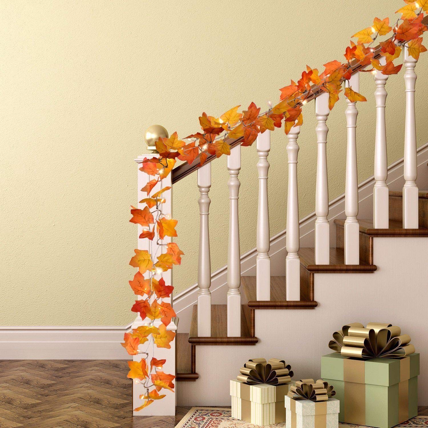 Artificial Ivy Leaves Plants Greenery, 98 Feet,12 PCS/Pack, Fake Ivy Leaves Plant Wall Decor, Foliage Vine Thanksgiving Decoration for Fireplace Party, Wedding, Christmas Garden (Red)