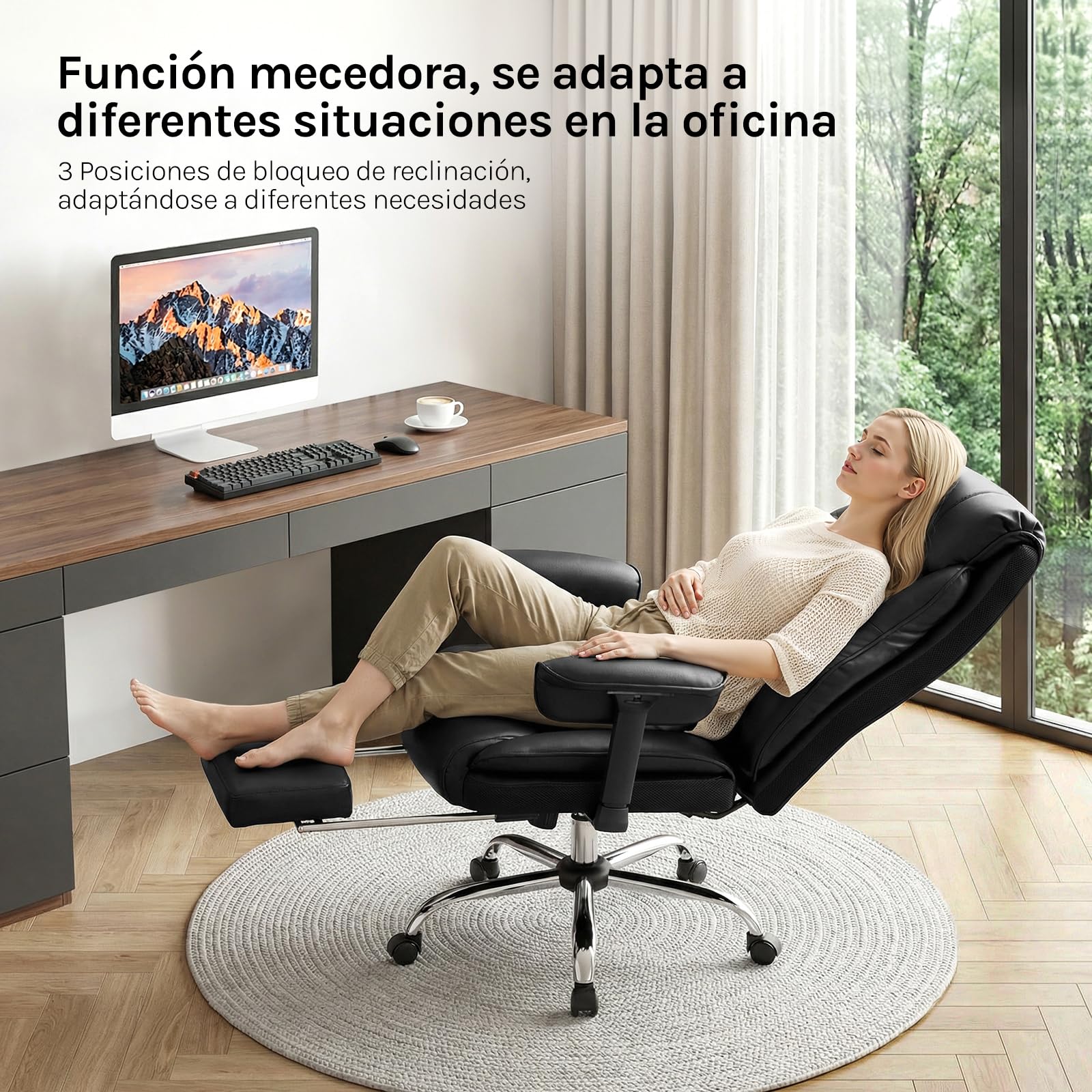 WOLTU Sillón Ejecutivo Ergonómica, Silla Oficina, Asiento PU, Negro | Respaldo Alto y Cojín Soporte Lumbar, Giratoria con Reposapies Retráctil y Función Mecedora, Asiento PU, para Oficina o Casa