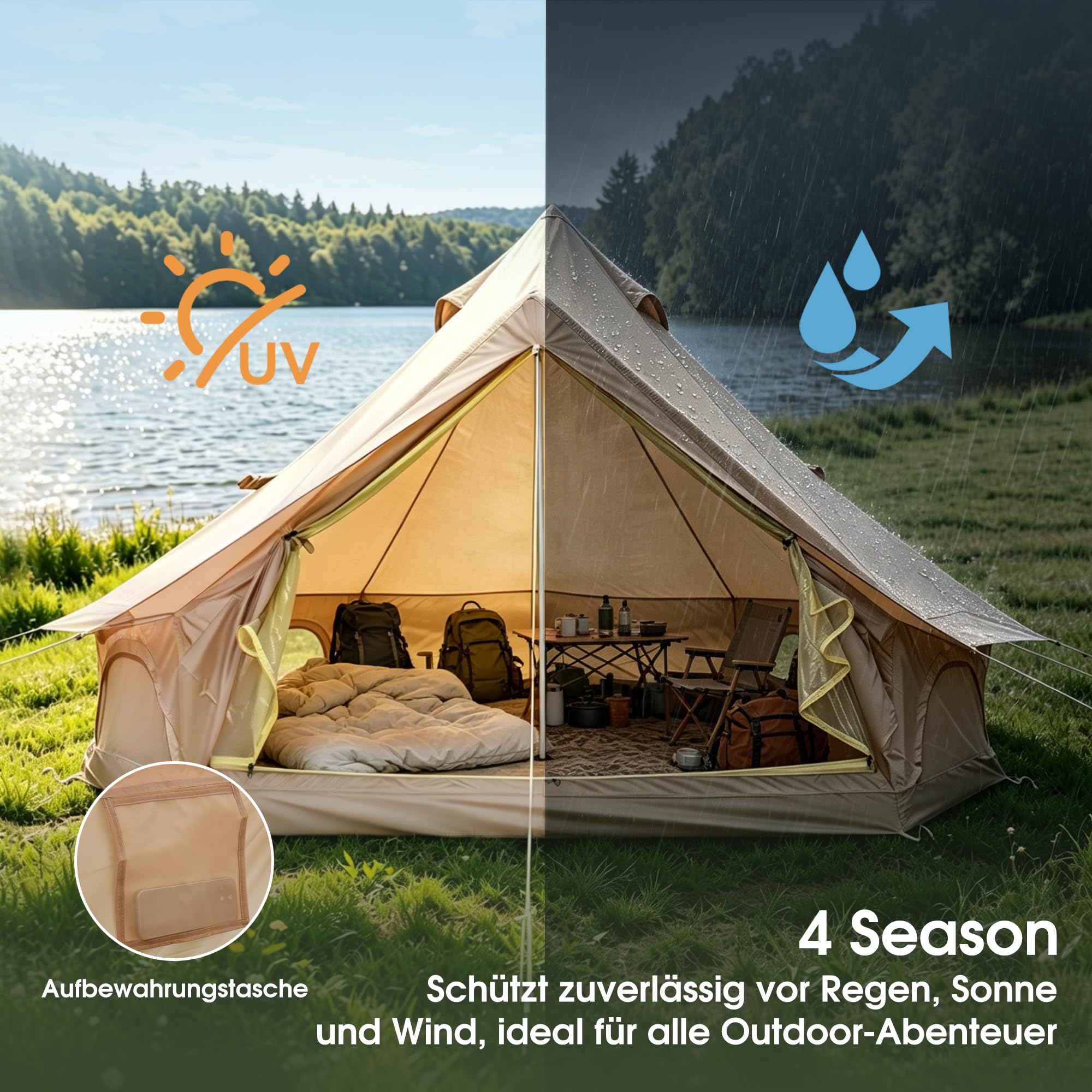 Bell Tipi Zelt Outdoor, 3M & 4M 4-Jahreszeiten Canvas Wasserdichtes Zelt für Camping, 4M Zelt Abnehmbarer Seitenwand, Gruppen Familien, Camping, Feste