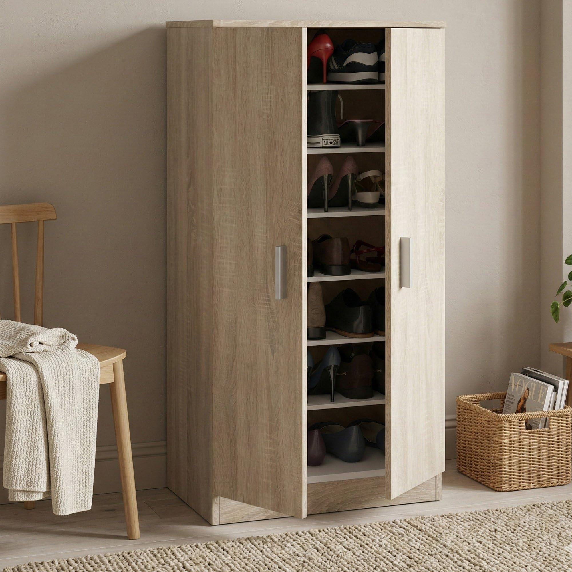 Dmora - Armadio scarpiera 2 Ante + 7 Scomparti Legno Rovere cm. 108 x 55 x 36, UNICO