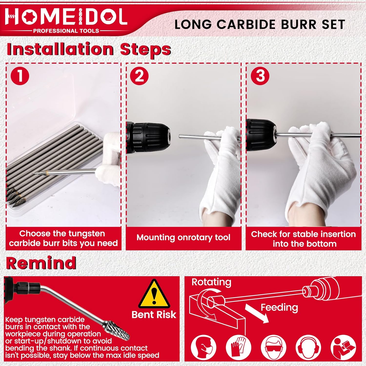 10Pcs Long Carbide Burr Set 1/4" Shank HOMEIDOL 6"(150mm) Long Rotary Files 1/4" Head Die Grinder Bits, Tungsten Carbide Rotary Burr Set, Carbide Drill Bits for Metal Wood Carving Engraving