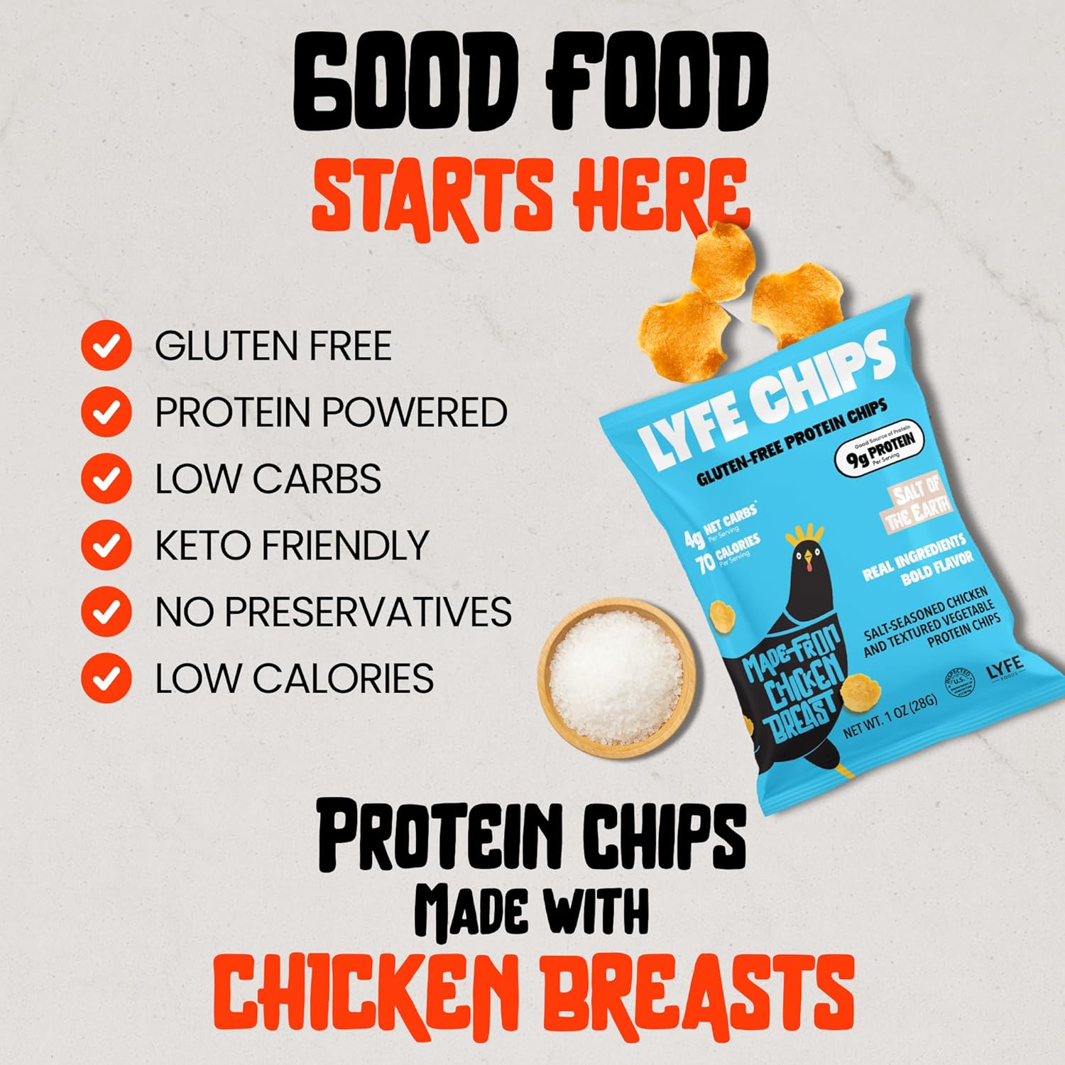 ZC LYFE Salt of Earth Protein Chips, Gluten Free Keto Chicken Beast Chips, Crunchy High Protein (9g/serv) and Low Carb (4g/serv) Snack, On-the-Go, 1oz Bags (Pack of 18)