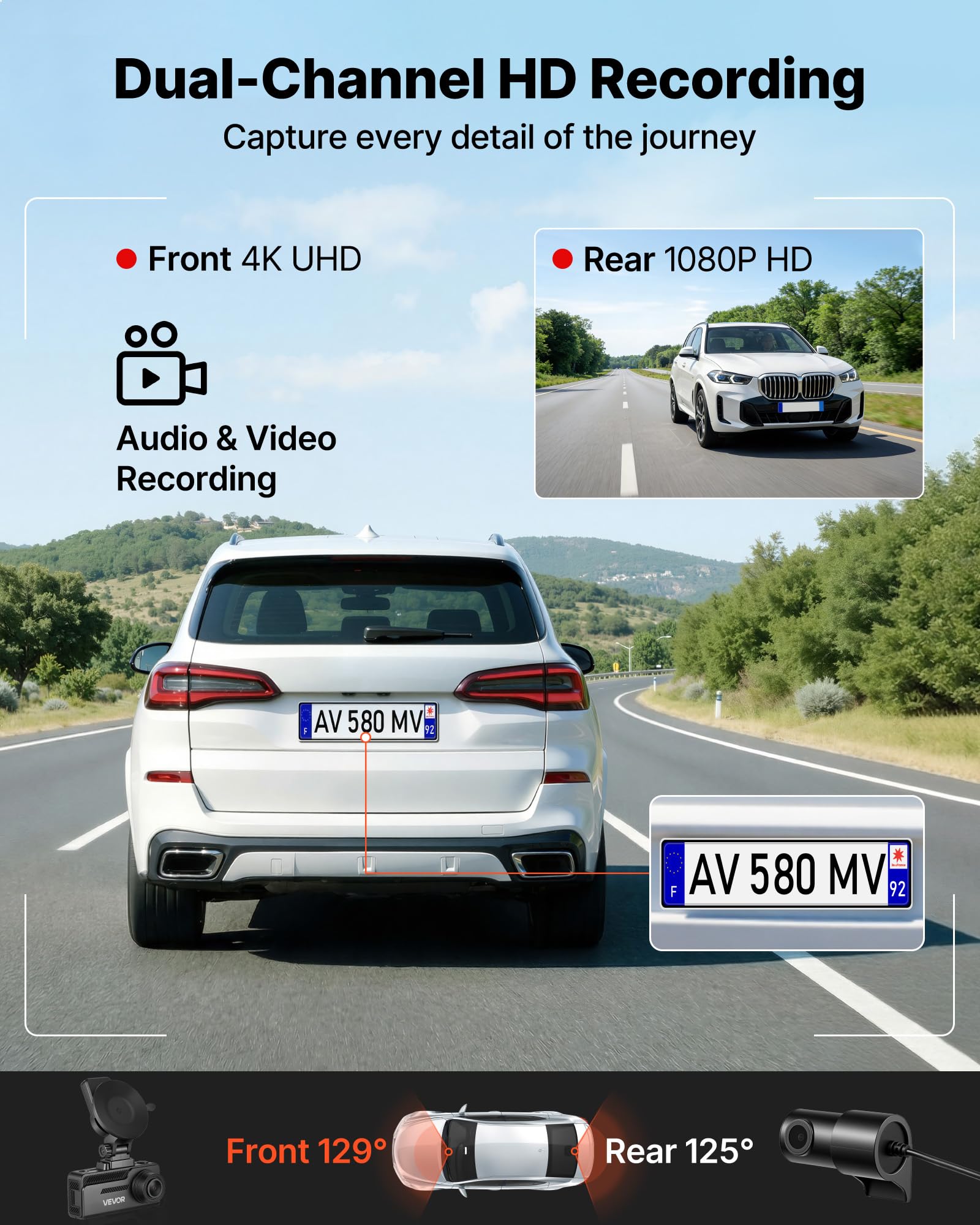 VEVOR Cámara de Salpicadero para Coche con Ventosa, Dashcam Frontal y Trasera 4K+1080P, con Tarjeta de 64 GB, GPS Integrado, Sensor G, Ángulo de Visión Frontal 129° y Trasero 125°, Grabación en Bucle