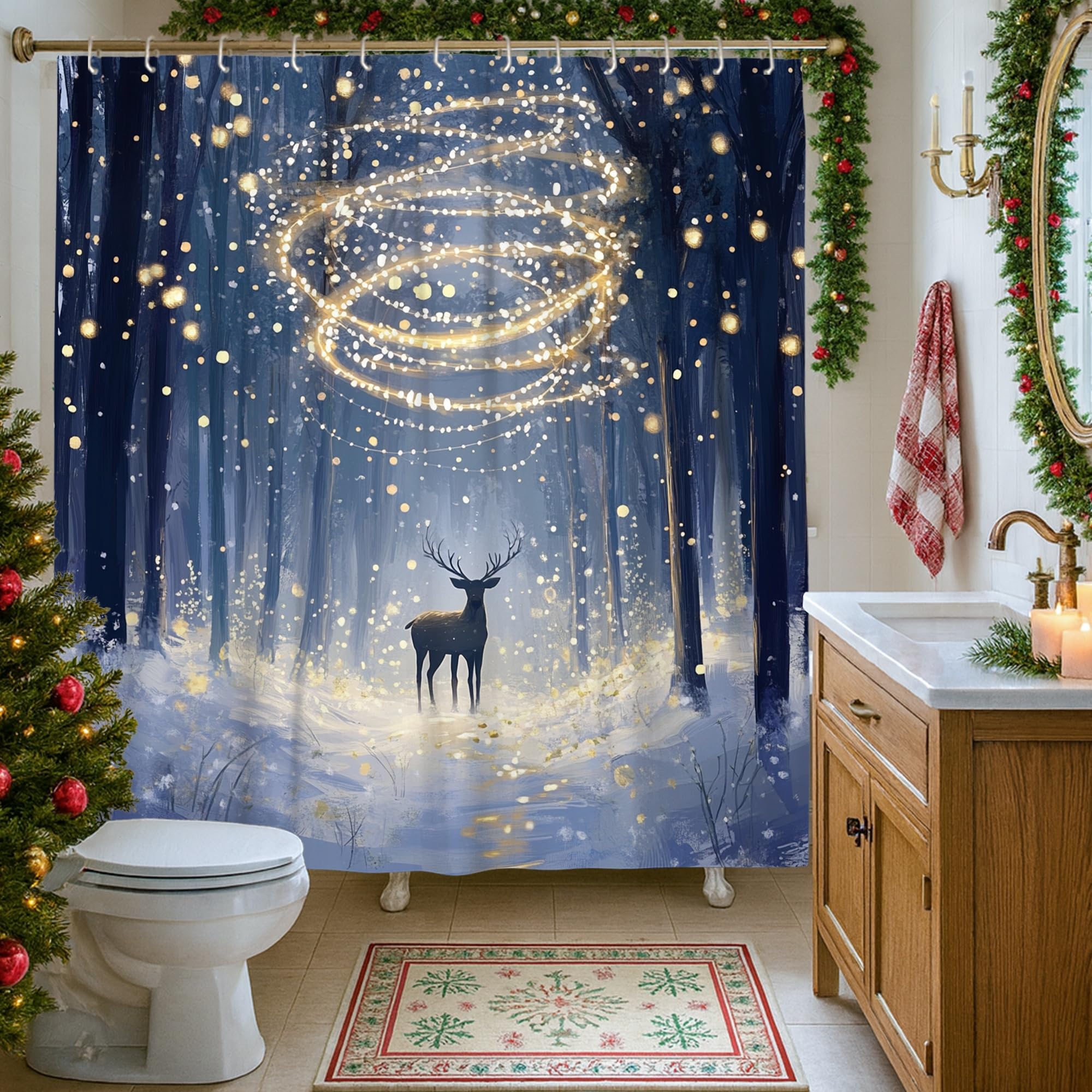 Rideau de douche motif cerf en tissu bleu imprimé forêt hivernale haute définition