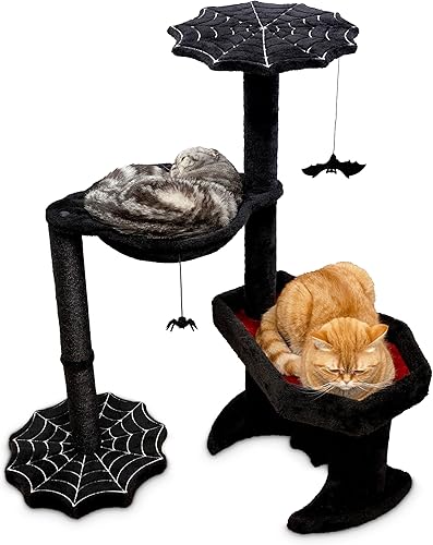 Miniatura 7 de Árbol gótico para gatos con cama de ataúd y juguetes espeluznantes para gatos, árbol espeluznante para gatos de Halloween (grande) negro y rojo