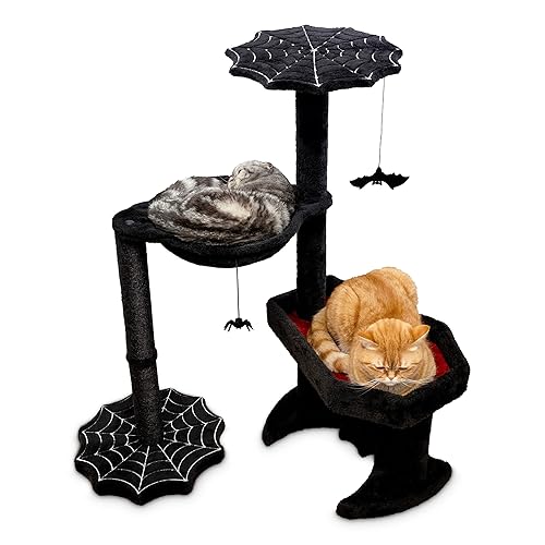 Littlesy Gothic Cat Tree with Coffin Cat Bed, Hammock, Spider & Bat Goth Cat Toys - 35 Inch Tall Coffin Cat Tree for Gothic Lovers with Luxurious Bed Experience Black and Red - Small with hammock - Black and Red