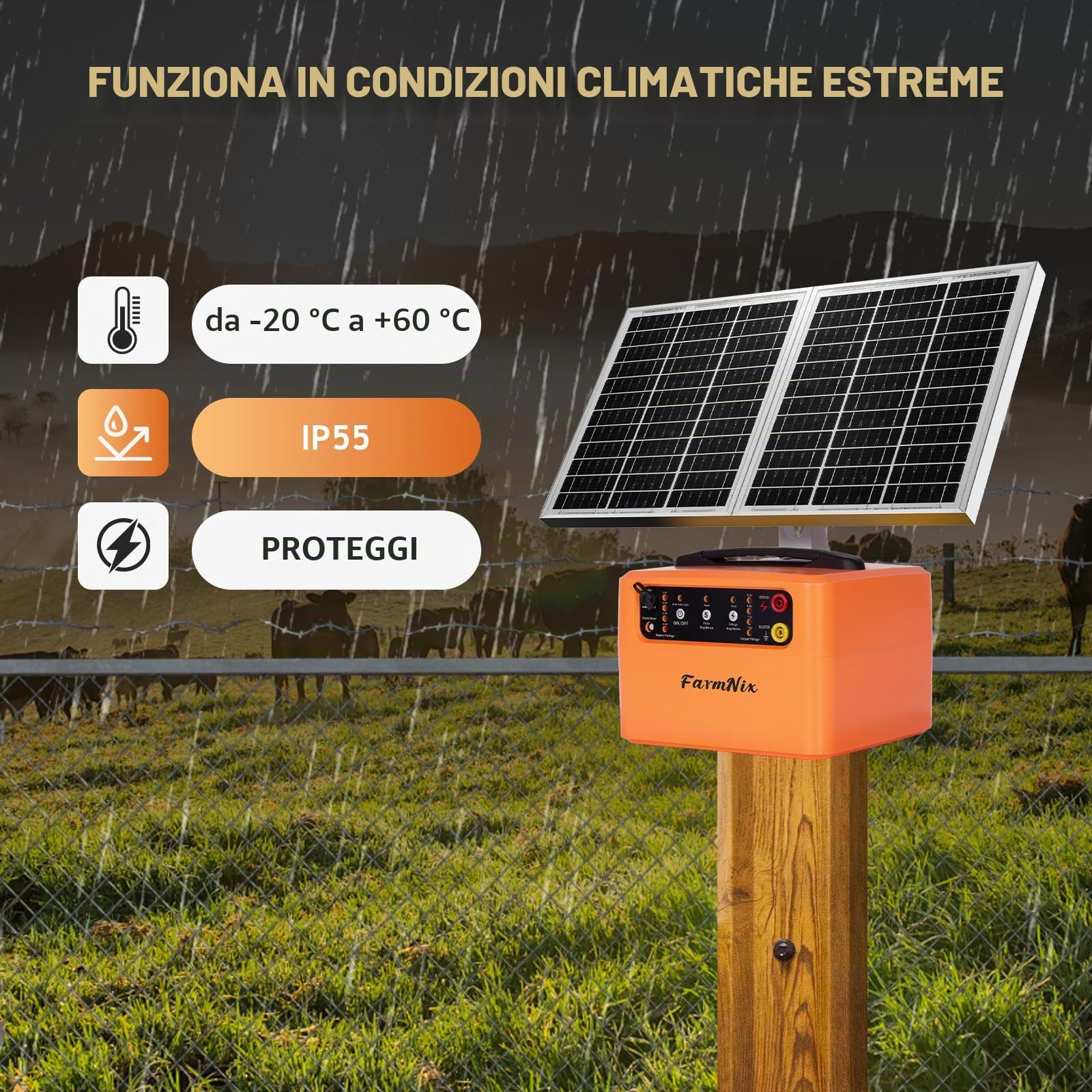 48KM Pastore Elettrico Solare 12V, 0.3-1.5J, 6KV-12KV | Recinzione Elettrica regolabile Pastore elettrico mit Batteria 7Ah, con Pannello Solare da 15W per Animali Grandi e Piccoli