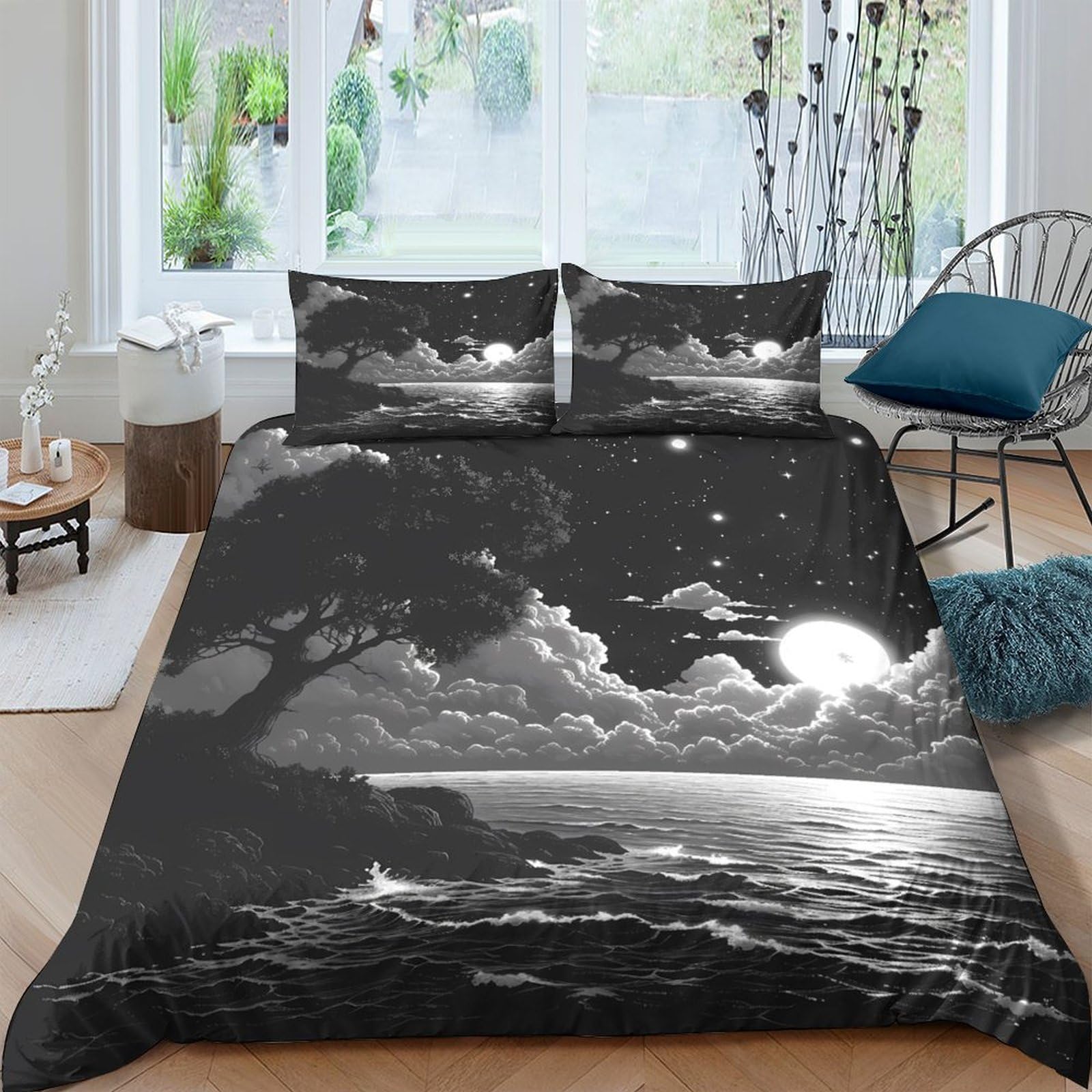 Ctjqhvkz Style-3 3D Printed Moonlit Ocean Fitted Sheet Microfiber Soft Grey Night Mattress Cover For Bedroom Guest Room Decor Single（135X200cm）