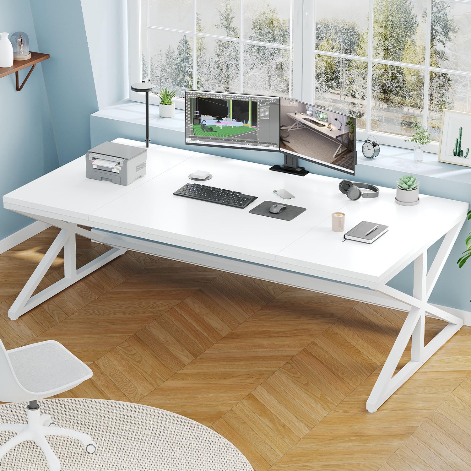 IBF - Escritorio largo de oficina para computadora, escritorio grande moderno de madera para el hogar, mesa de estudio, trabajo y juegos industrial para PC para 2 personas, escritorio ejecutivo de