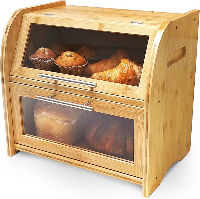 Arise Stylish Bamboo Bread Box for Kitchen Countertop, Extra Large 2-Shelf Wooden Bread Storage with Clear Windows and Air Vents Keeps Bread, Bagels and Rolls Fresh, Self Assembly