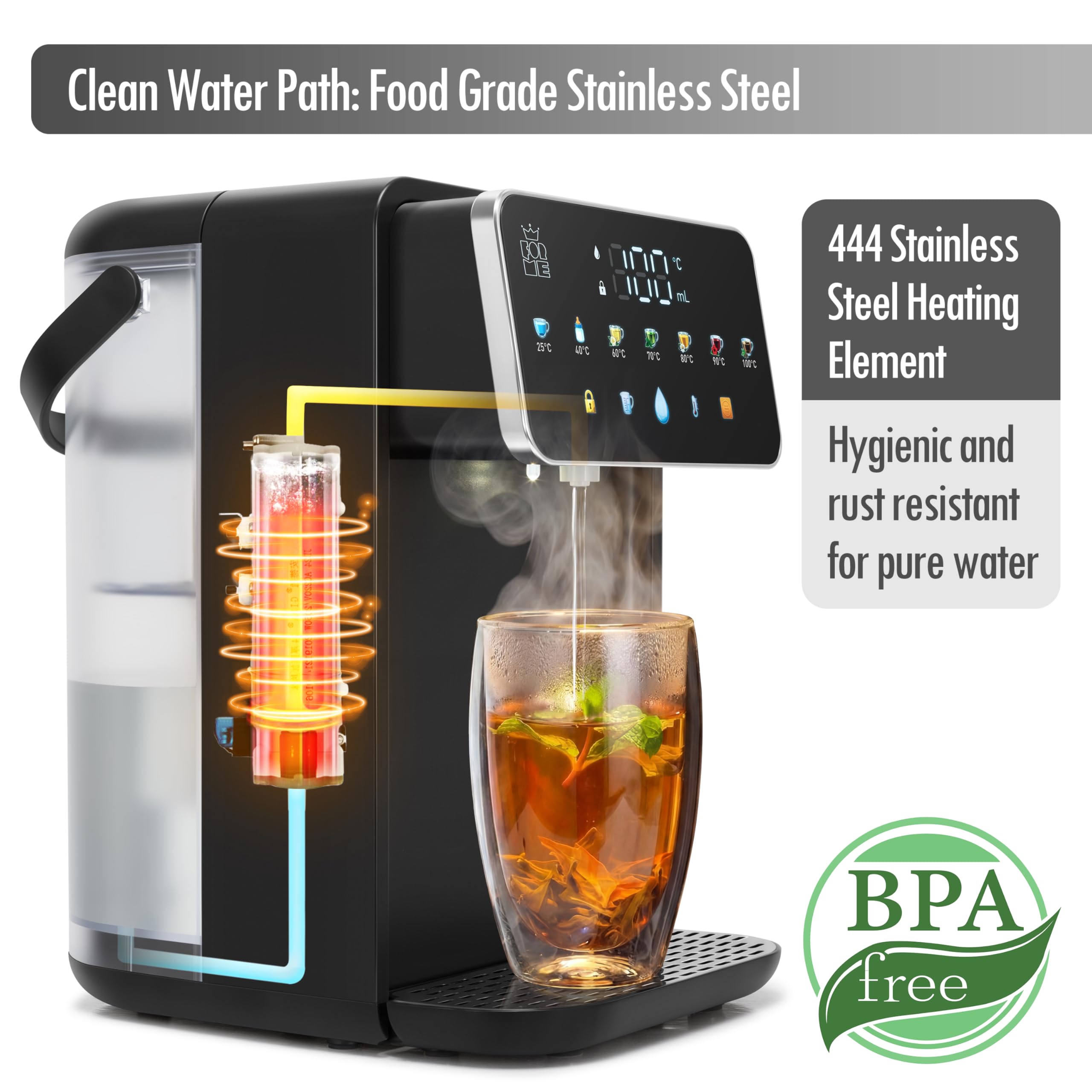 Forme Heißwasserspender 3,2 L Wassertank 2000W, Wasserspender Temperaturauswahl 25-40-50-60-80-90-100 °C, Filter Optional Verwenden, Reduziert Chlor und Kalk