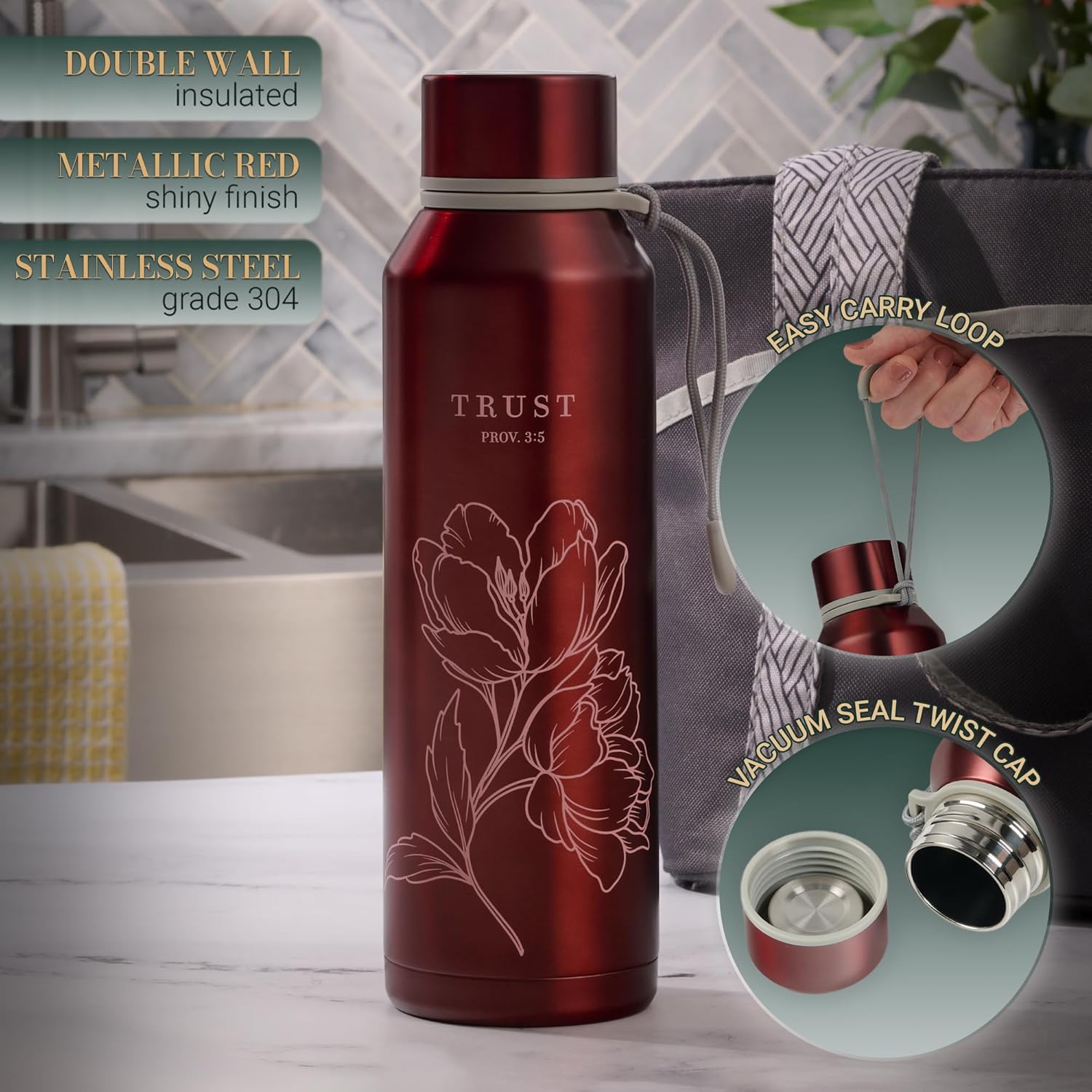 Christian Art Gifts Stainless Steel Double Wall Vacuum Sealed Insulated Scripture Water Bottle for Women: Trust in the Lord Inspirational Proverb, Pink, 24 oz. - Image 4