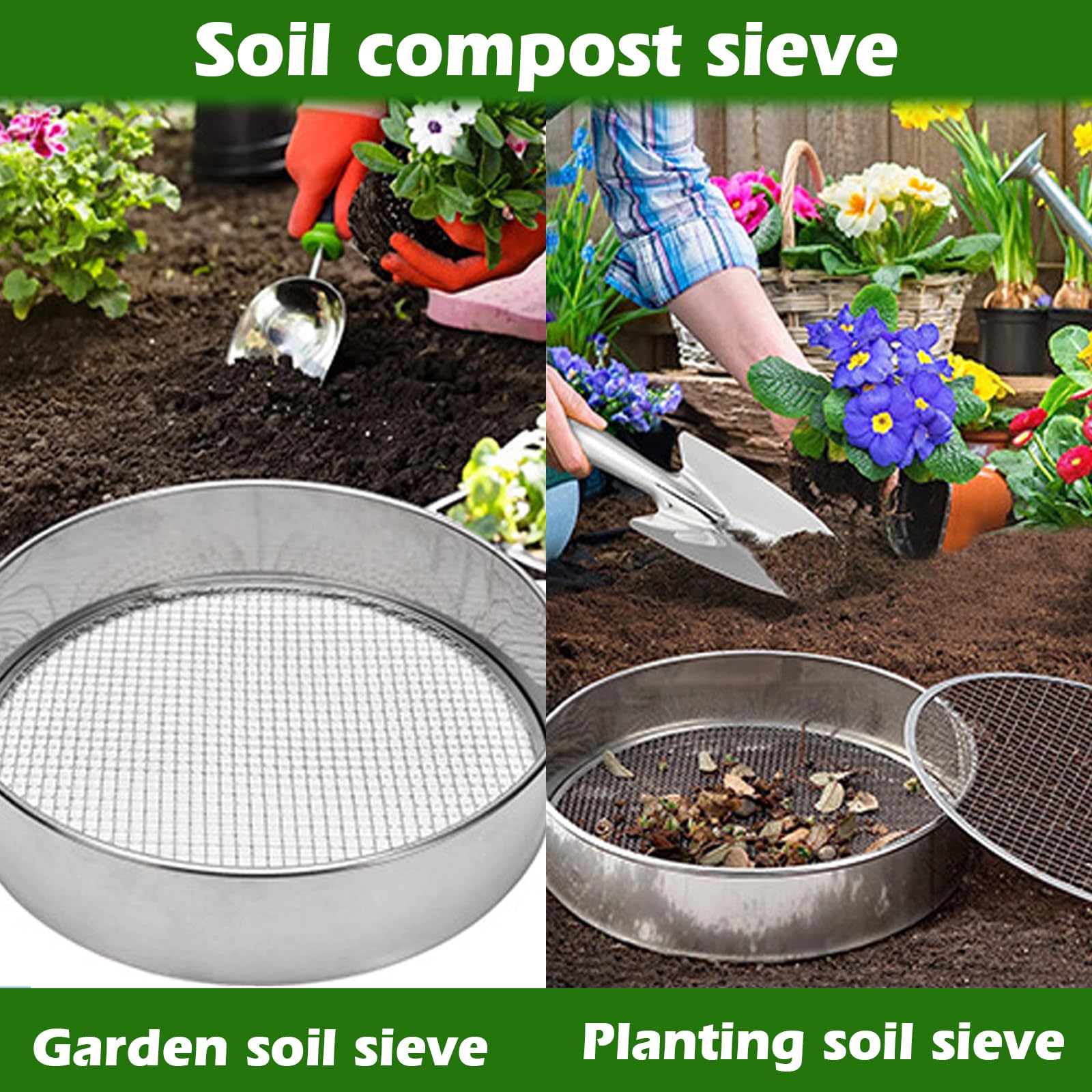 25cm Tamis De Jardin En Acier Inoxydable, Tamis De Jardin Rond, Tamis De Terre 5en1, Avec 5 Tamis Interchangeables Pour Le Jardin Le Sol Le Compost Le Sable - Avec Pelle De Jardin Gants De Jardinage
