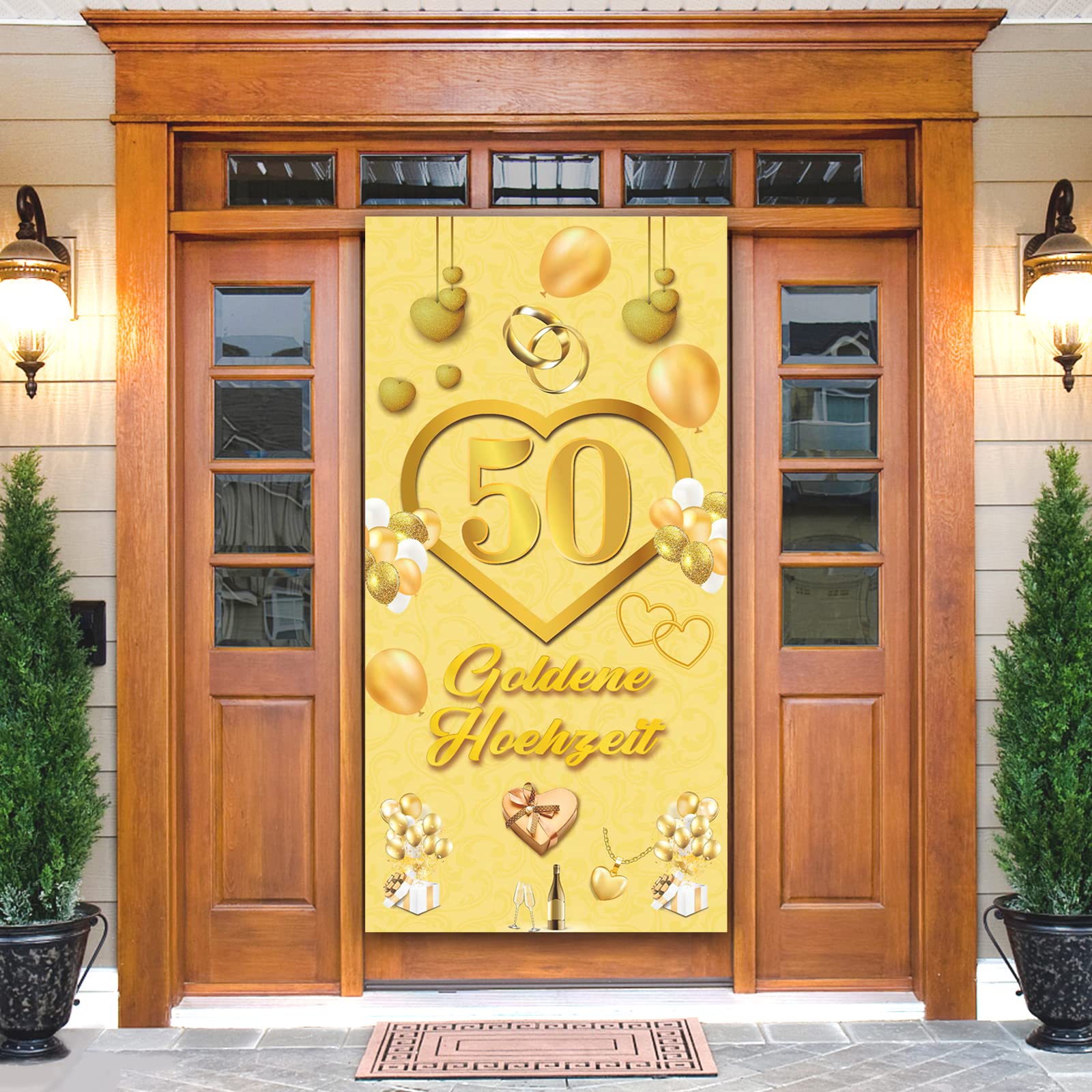 DPKOW 50. Goldenen Hochzeit Banner Dekoration, Stoff Banner für Goldene Hochzeit Tür Wand Dekoration, 50. Hochzeitstag Drinnen Draußen Hintergrund Dekoration, 180 * 90cm