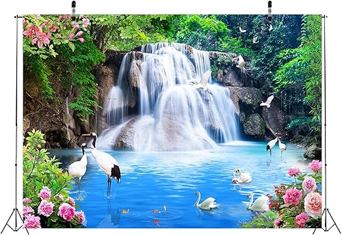 Miniatura 4 de BELECO Telón de fondo de tela de 7 x 5 pies con lago azul y cascada para fotografía, bosque de montaña, paisaje de grandes cataratas, grúa de agua