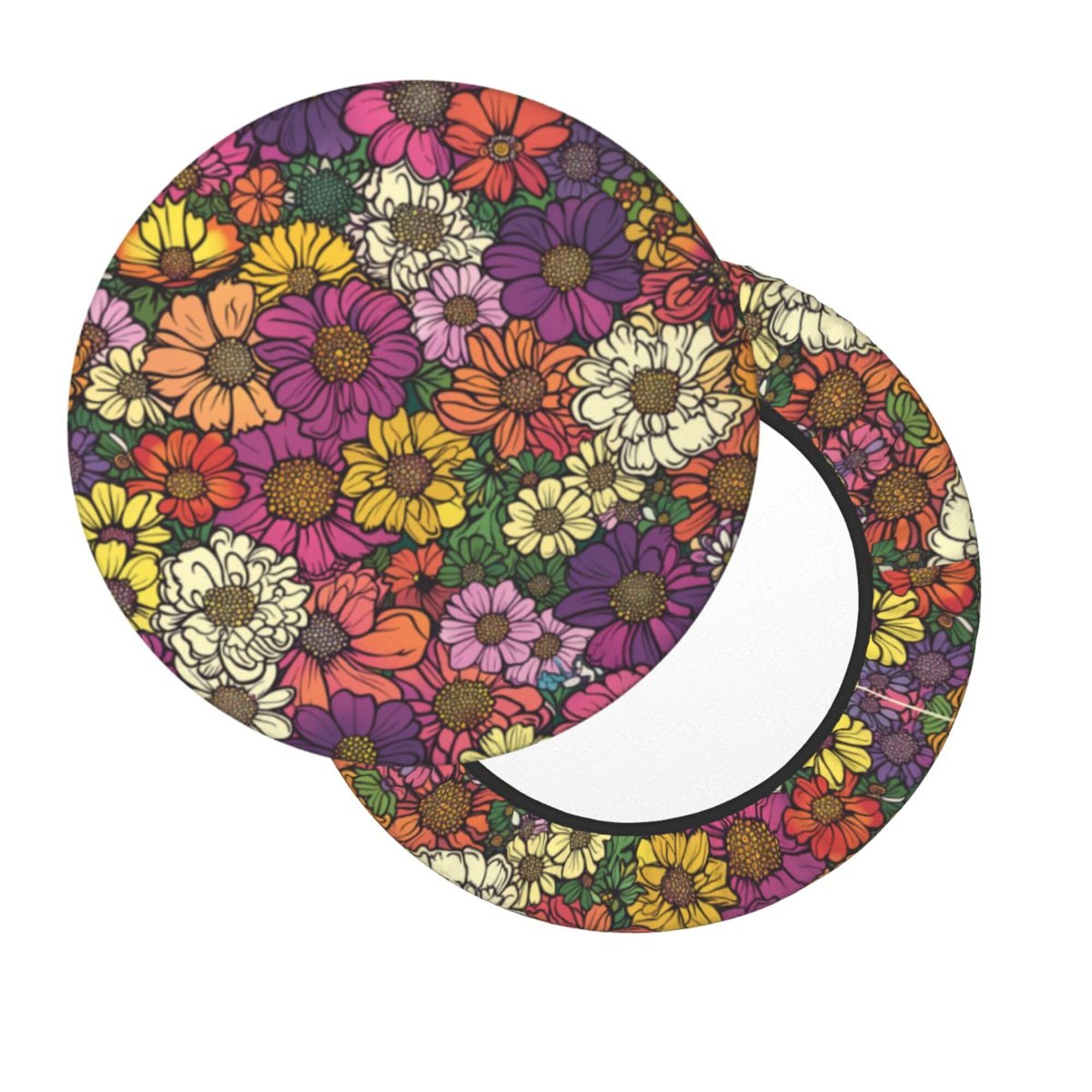 Samt Hockerbezug Rund – Gelb Mit Retro-Blumen, 3-lagig Mit Polsterung, Dehnbar Für Stühle Ø 30-35 Cm