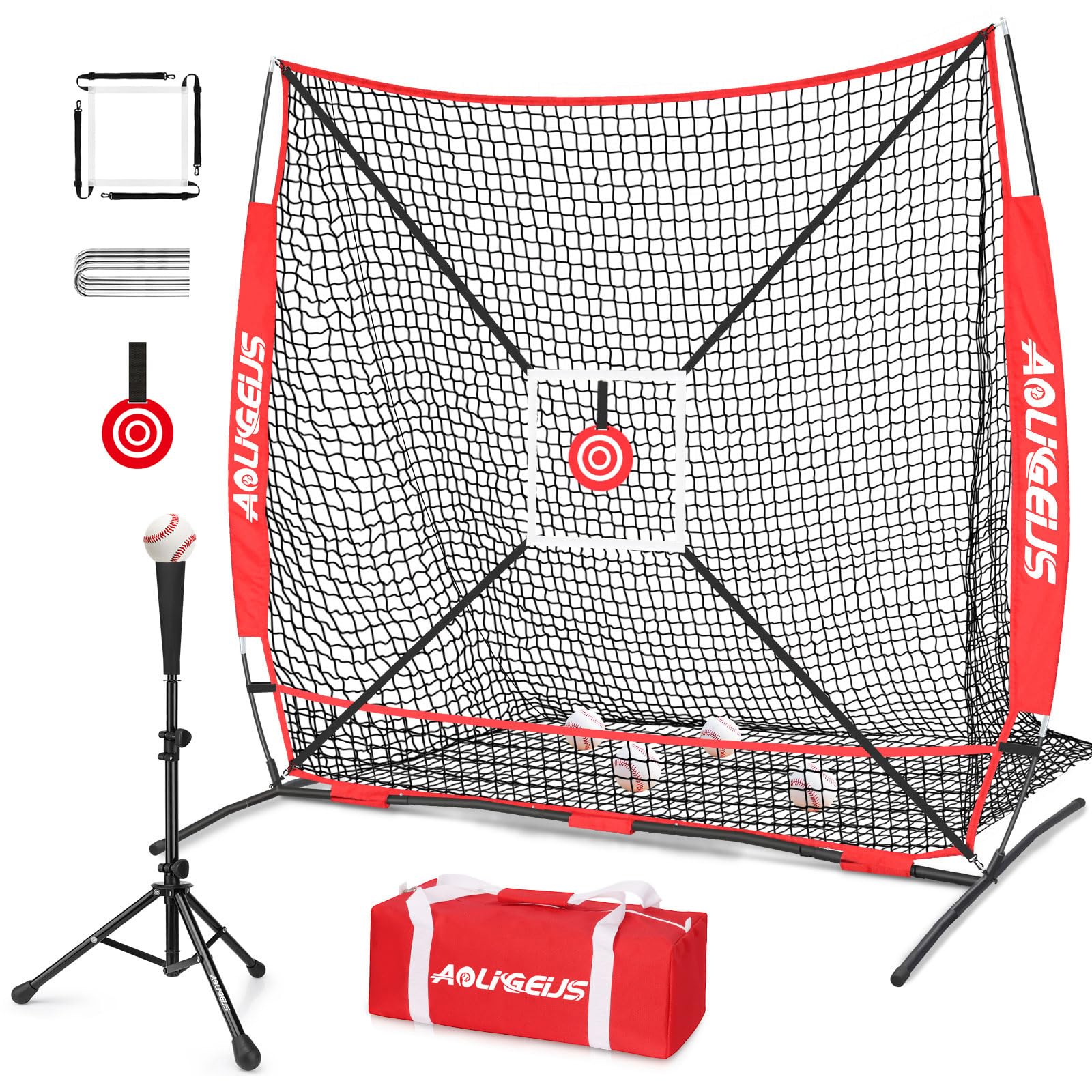 AOLIGEIJS 6'X6' Baseball Softball Practice Net,Pitching Net,Batting Net,with Bonus Strike Zone,Target and Bow Frame,for Hitting,Pitching,Catching