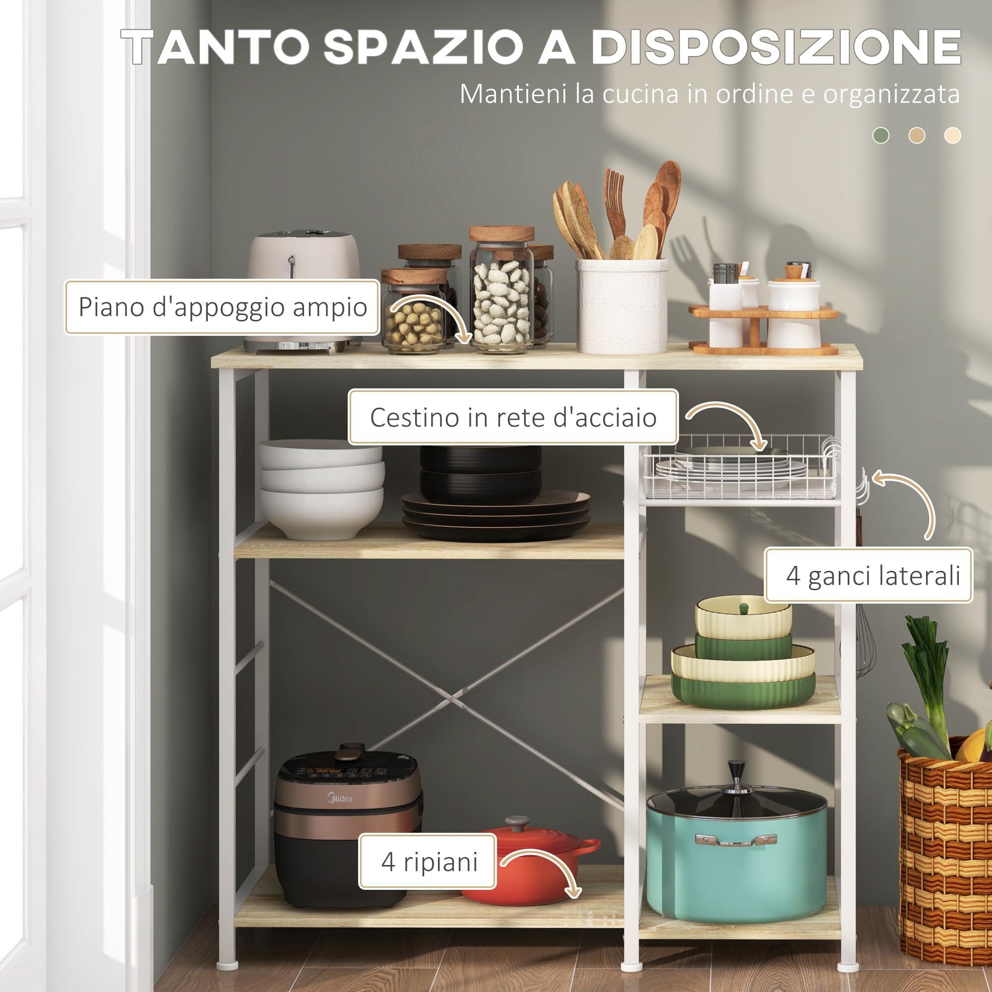 HOMCOM Scaffale da Cucina per Microonde 90x40x84.5cm Quercia e Bianco | Mobile Cucina, 4 Ripiani, Ganci e Cestino a Rete, Legno e Acciaio