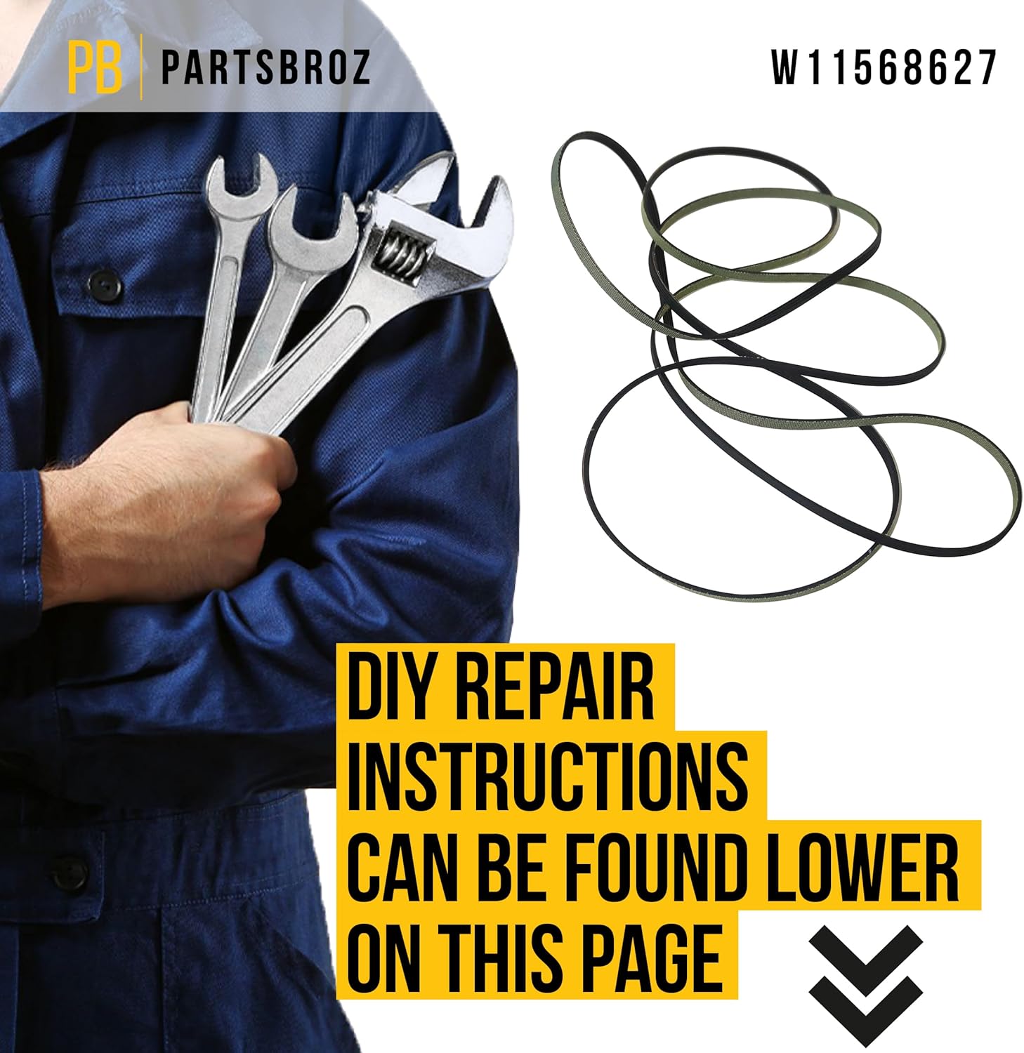 PartsBroz W11568627 Dryer Drum Belt - Compatible with Whirlpool Kenmore - Replaces AP7175918 W10577771 PS16660508 Ultra Durable Replacement