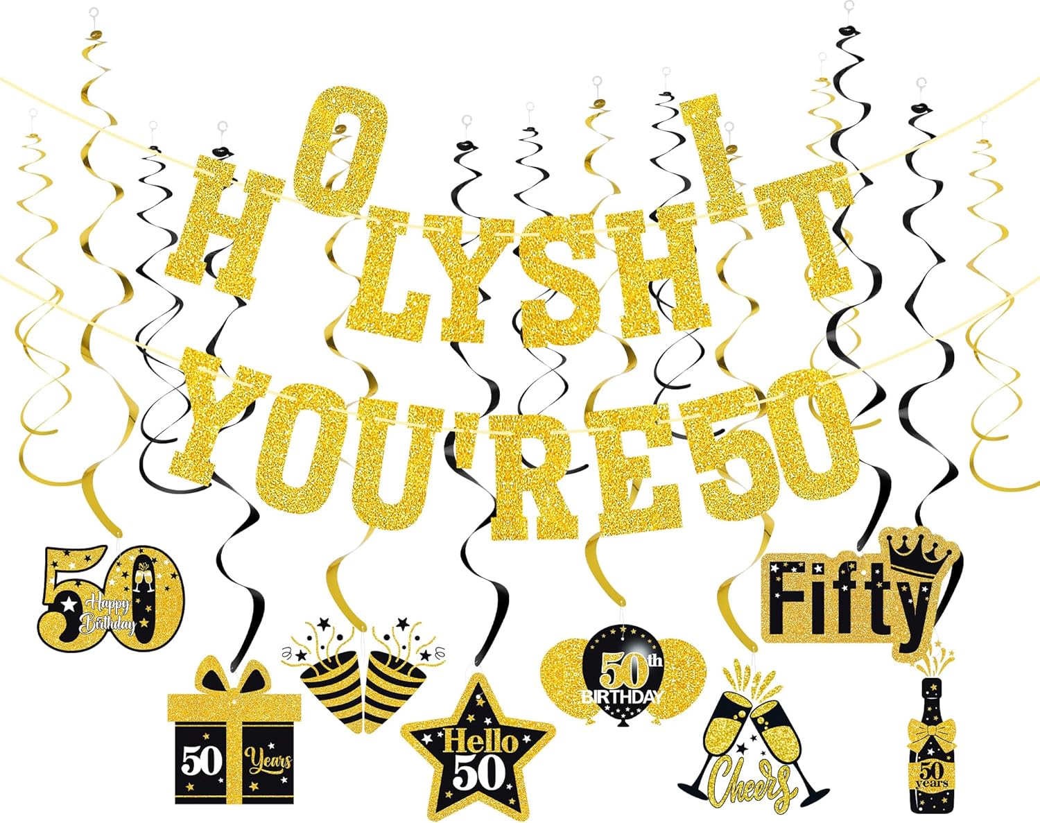 Happy 50th / 40th / 60th Birthday Banner Decorations Set for Women Men, Pre-Strung Black and Gold 50 Years Sign Birthday Party Decorations, Including 1 Birthday Banner, 14 Ceiling Decorations Hanging 50th Birthday Banner