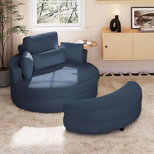 Miniatura 21 de Yoglad Silla redonda giratoria de gran tamaño, sillas de 360 grados con bandeja otomana para reposabrazos ideal para sala de estar, dormitorio (pana