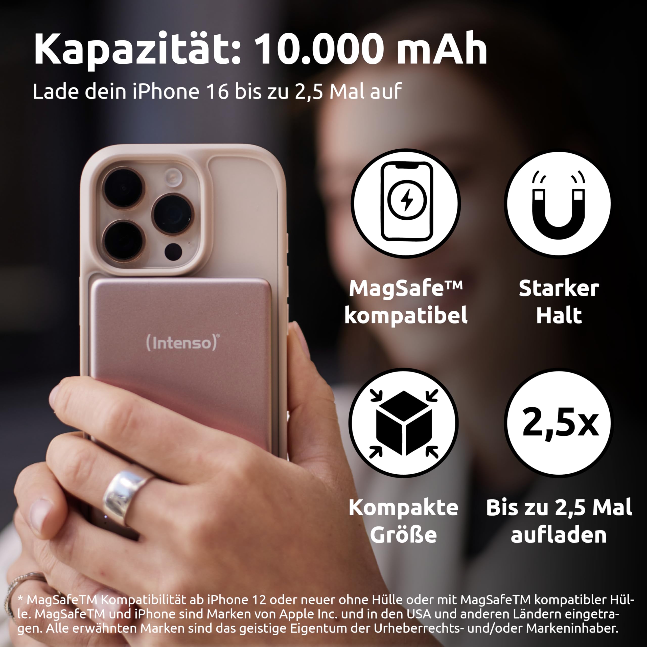 Intenso MW10000 magnetyczny powerbank 10 000 mAh – kompatybilny z MagSafe, bezprzewodowe ładowanie 15 W, USB-C PD 20 W, do iPhone i Android – sprawdzony w Niemczech – różowy