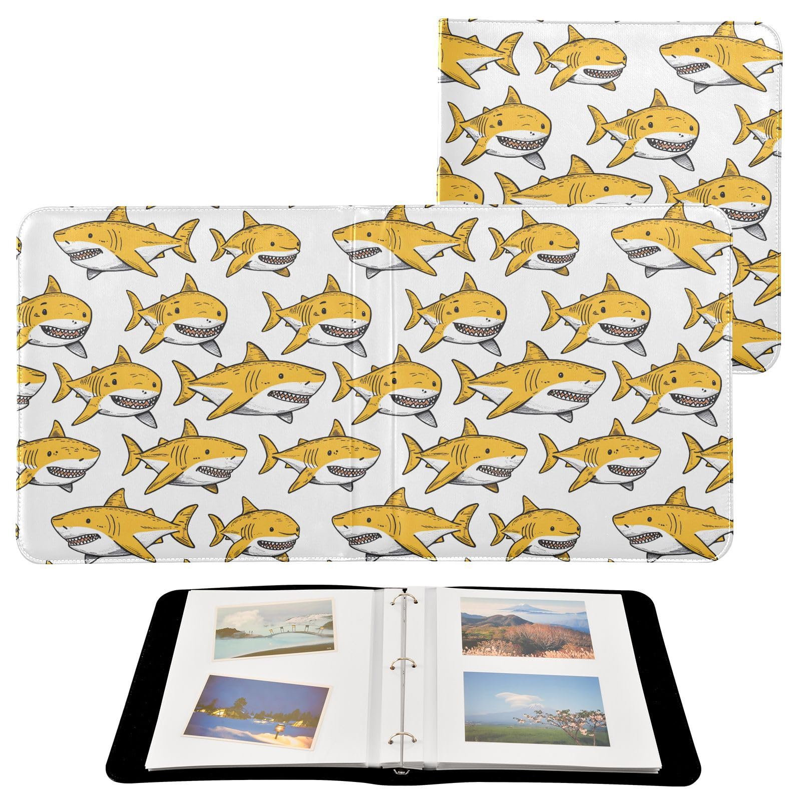 JIPONI Yellow Sharks Large Photo Album, DIY Leather Cover Scrapbook Albums for 4x6 5x7 6x8 Pictures, Self Adhesive Memory Book for Wedding, Baby, Family