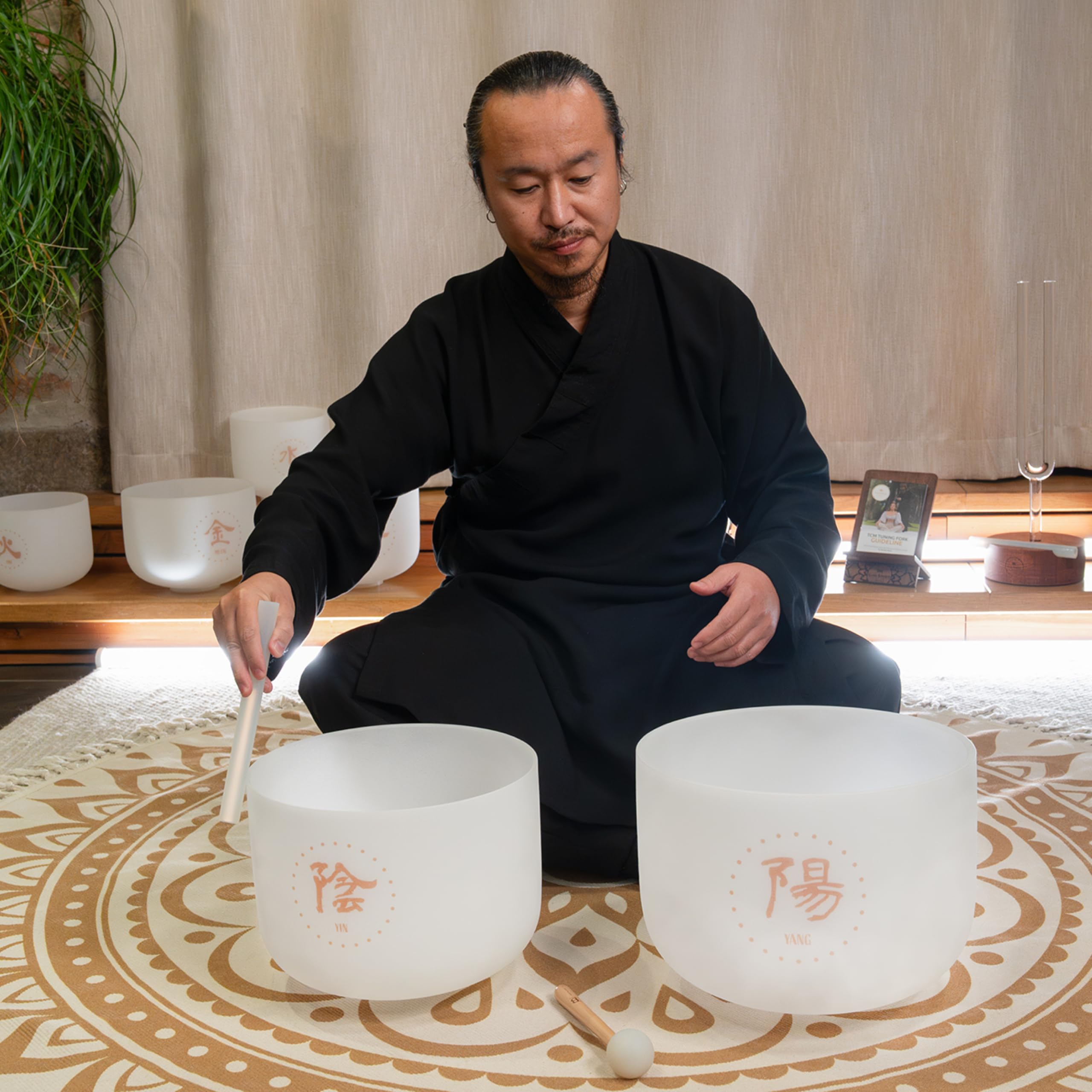 Meinl - Set di 2 campane tibetane in cristallo Sonic Energy Yin/Yang - TCM in quarzo smerigliato sintonizzato con mazzuole, borsa, O-ring, per meditazione, yoga, bagni sonori, guarigione dei chakra