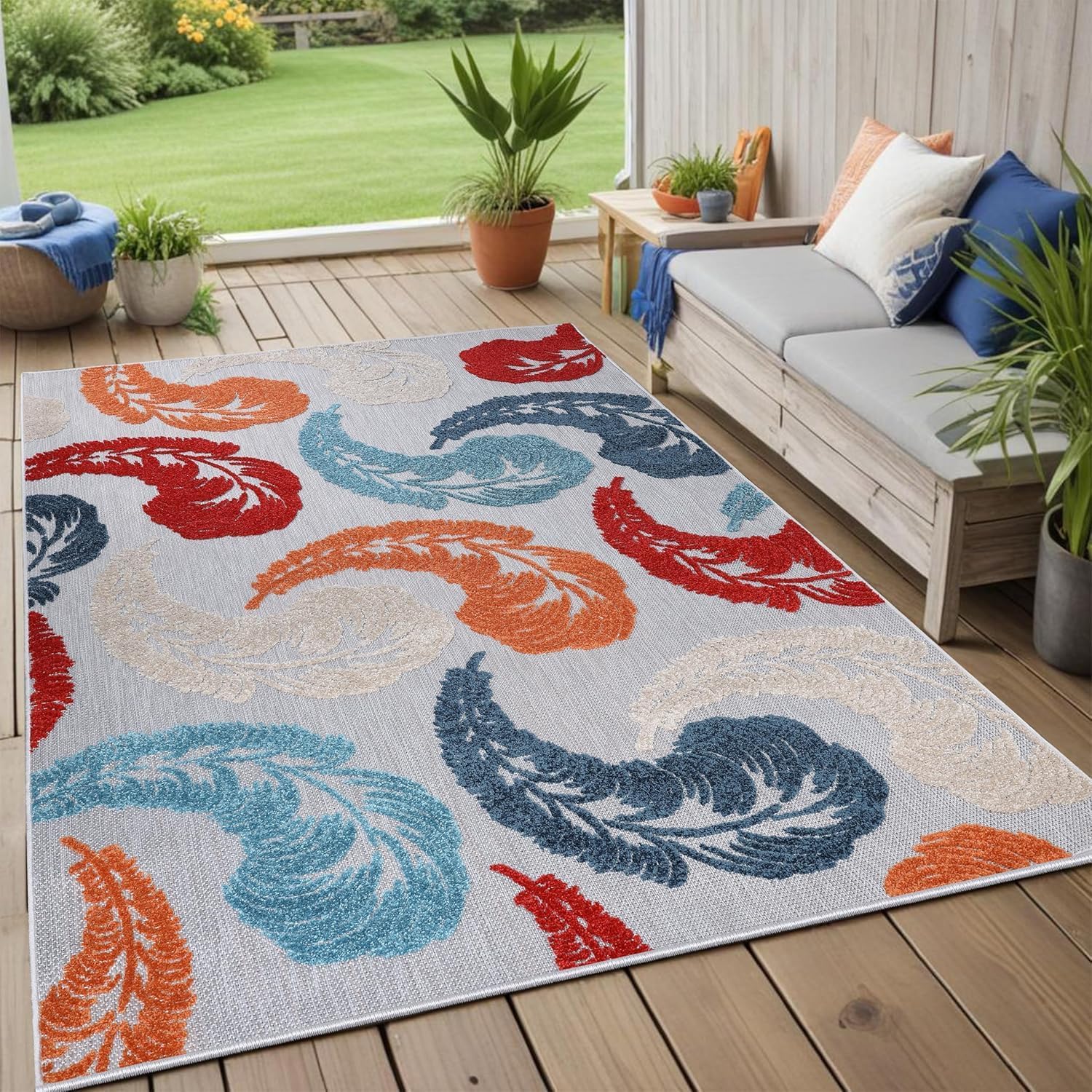 Superior Feather Indoor Outdoor Area Rug, Perfect for Patio, Poolside, Deck, Backyard, Playroom, Kitchen, Dining Room, Mudroom, Modern Bohemian Floor Cover, 5' 6" x 8', Multicolor Multi Color 5'7" x 8' (Rectangular)