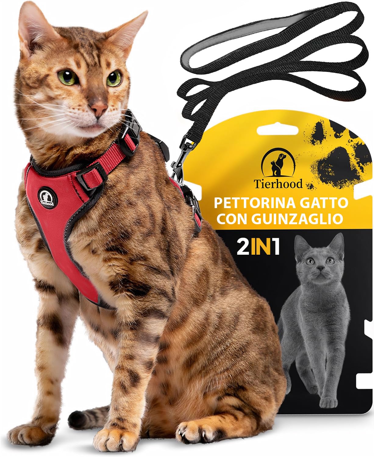 Pettorina Gatto Antifuga Regolabile con Guinzaglio 1,4m - Rosso, Taglia M | Neoprene leggero e resistente - libertà di movimento senza pressione - riflettori luminosi - clip al collo, senza stress