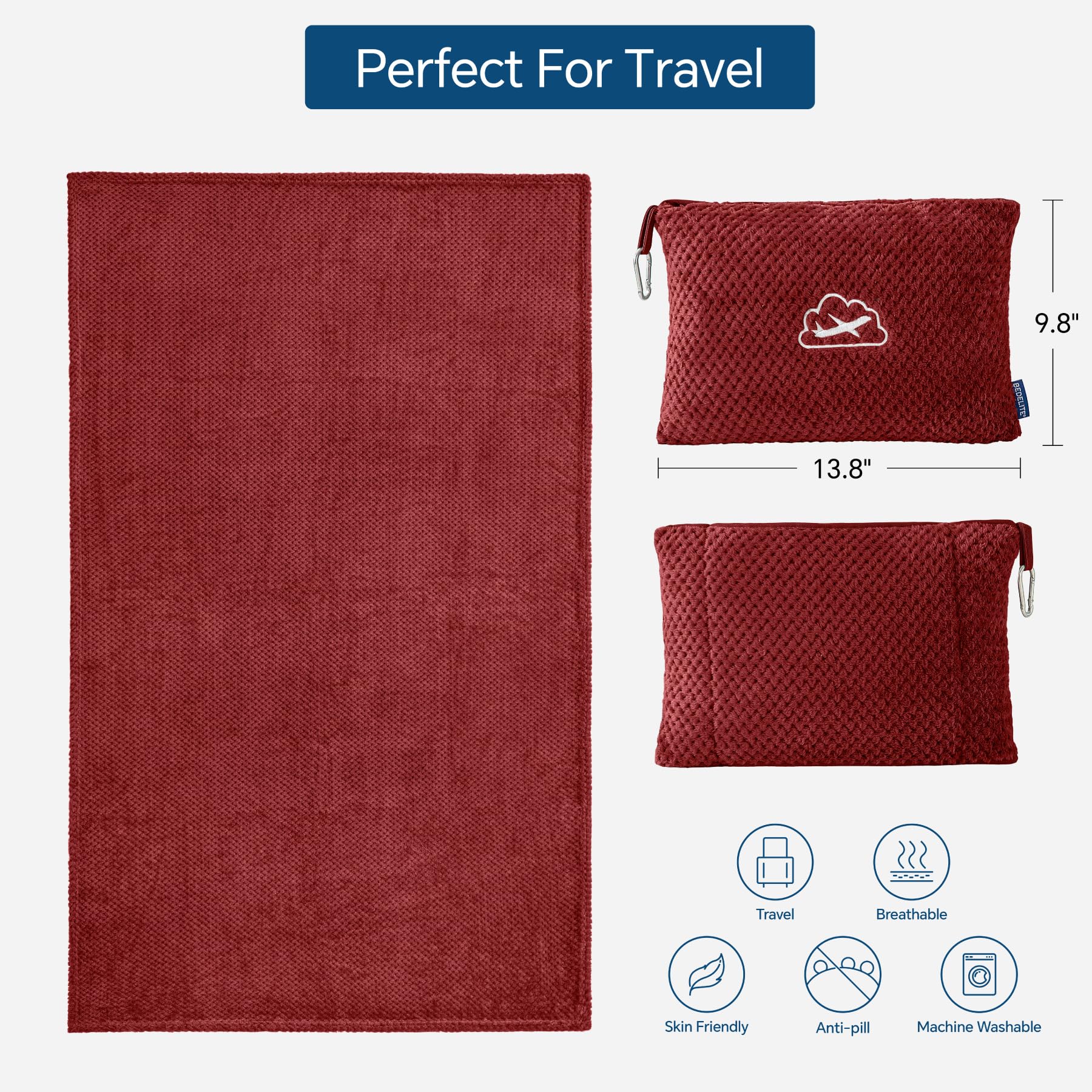 BEDELITE Travel Blanket with Bag, Jacquard Fleece Blanket 65"x40", Burgundy view 3
