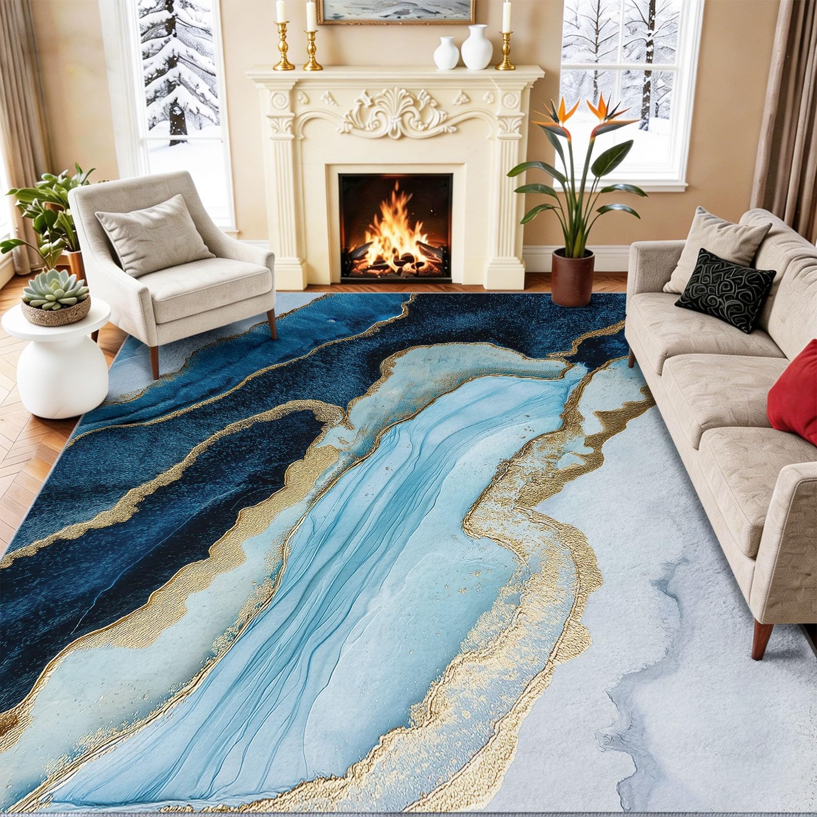 Tapis lavable 160x230cm antidérapant à poils courts bleu et or