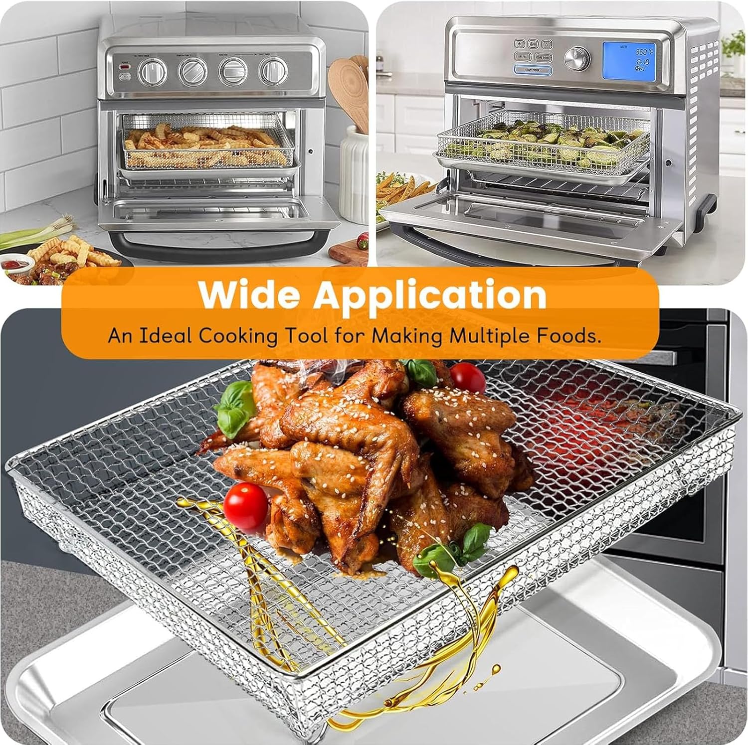 Air Fryer Basket Tray Replacement for Cuisinart TOA-60 TOA-65 TOA-70 Toaster Air Fryer Convection Oven, 12.4 * 11'' Mesh Air Fryer Steel Basket Wire Rack Accessories Parts, Dishwasher Safe