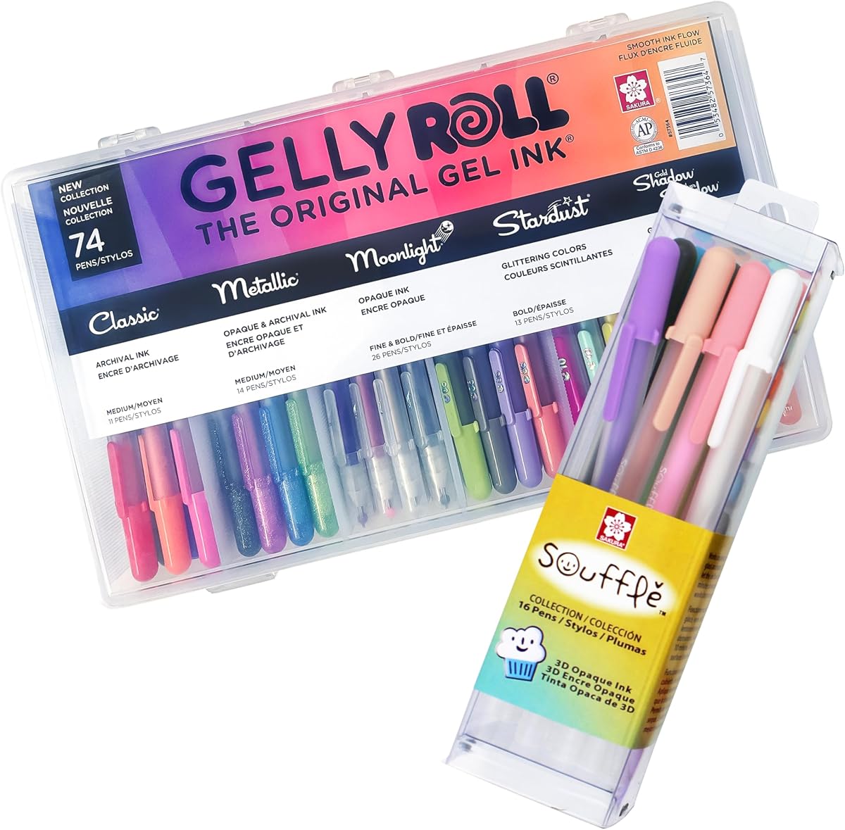 SAKURA Gelly Roll Bolígrafos de gel - Set de regalo - Tinta de colores surtidos con efectos especiales - Paquete de 74 y bolígrafo soufflé 3D - Colores de tinta blanca opaca y pastel - Paquete de 16