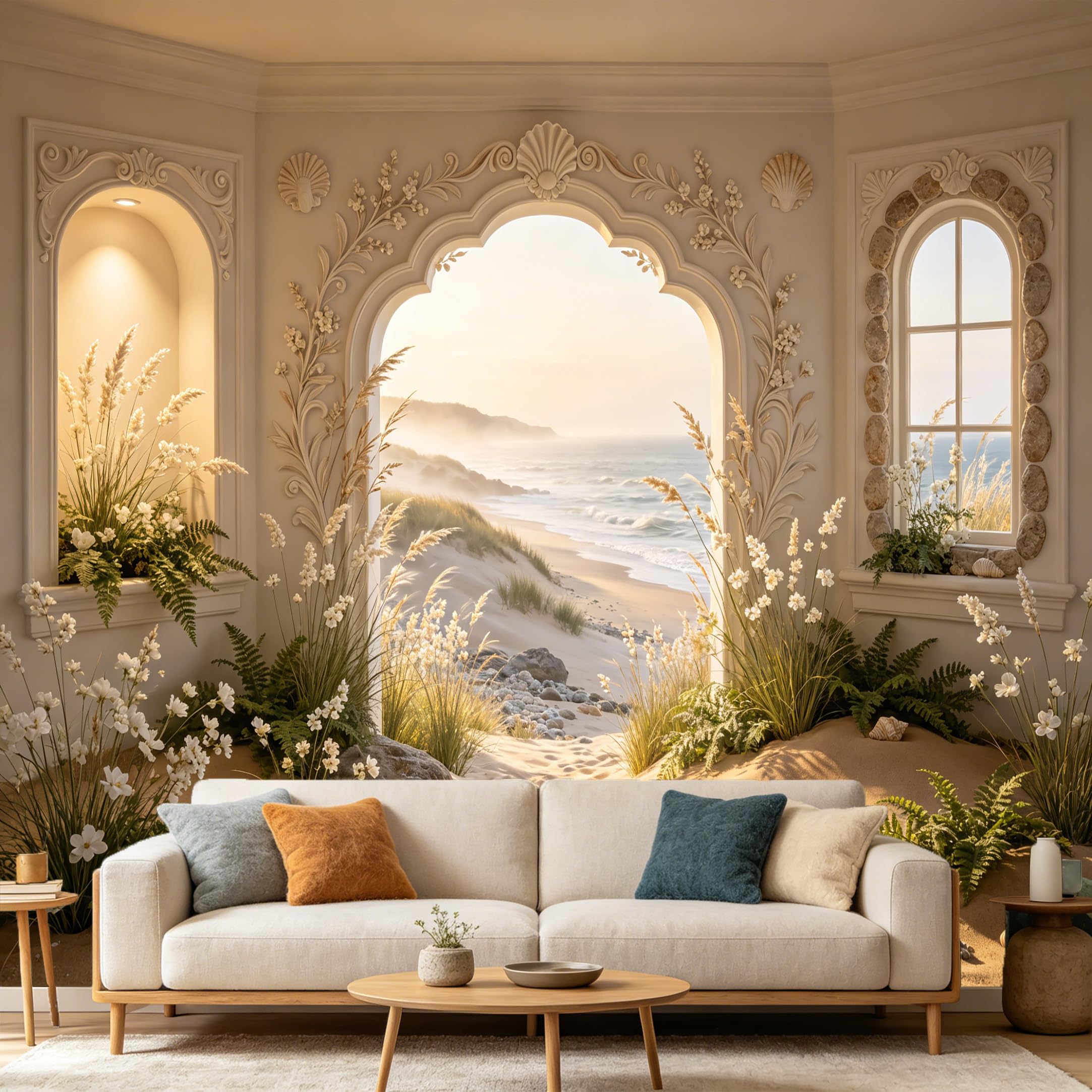 Custom Size Wall Mural， Coastal Beach Scenic Archway Window 3D Trompe L'Oeil， SelfAdhesive Art Prints wall Fabric Removable Large Wallpaper Home Living Room Decor