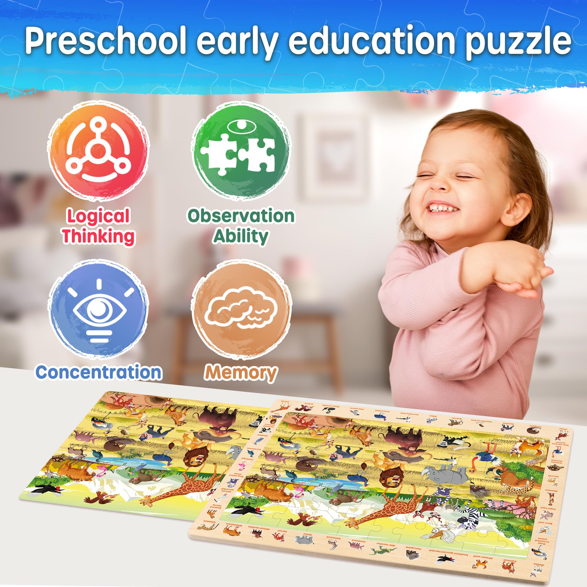 SYNARRY Puzzles en bois pour enfants de 4 à 6 ans, 4 x 60 pièces pour enfants de 3 à 5 ans, garçons et filles