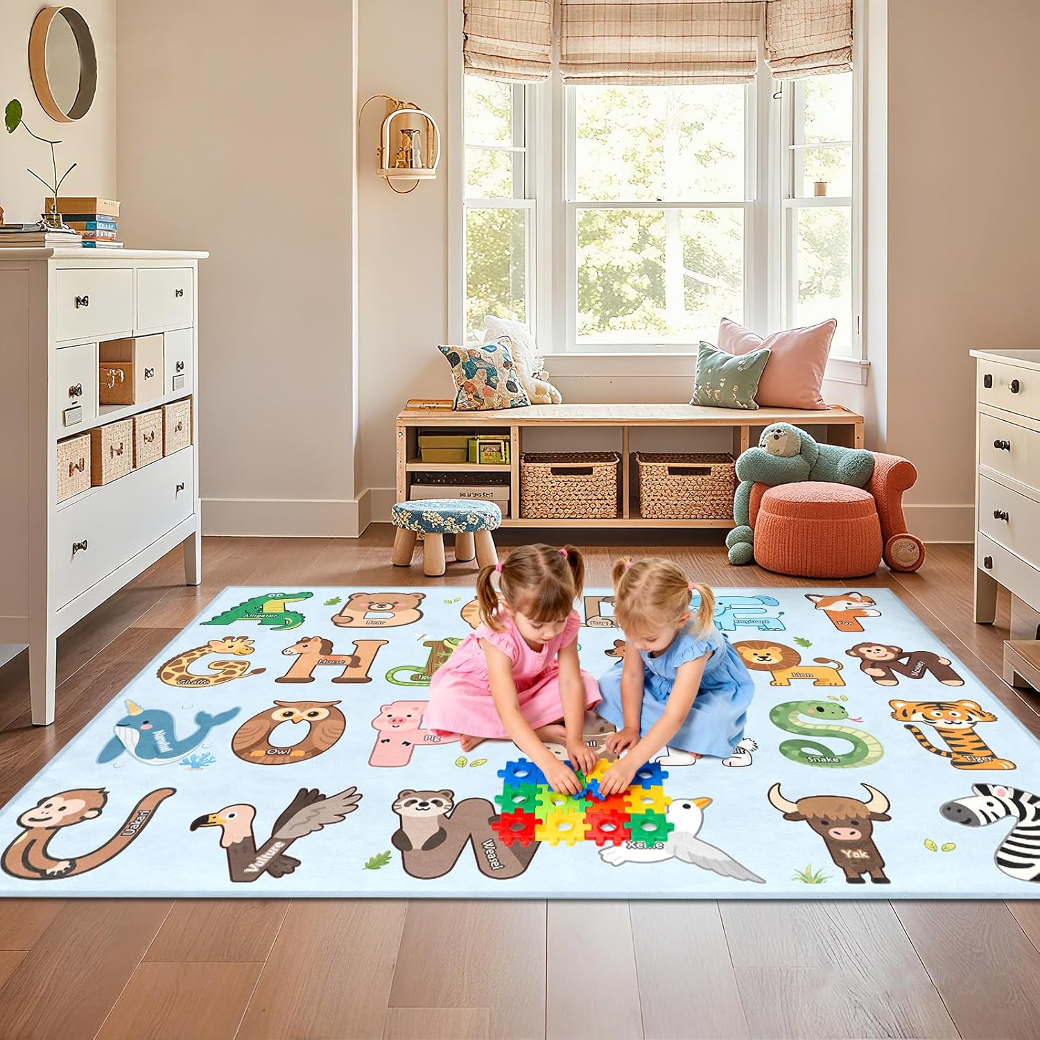Car Rug Play Mat, Kids Play Rugs City Life Road Map Rug 3x5 Feet, 3x5 Feet ABC Alphabet Mats for Kids Room Educaitonal Learning Animal, Blue