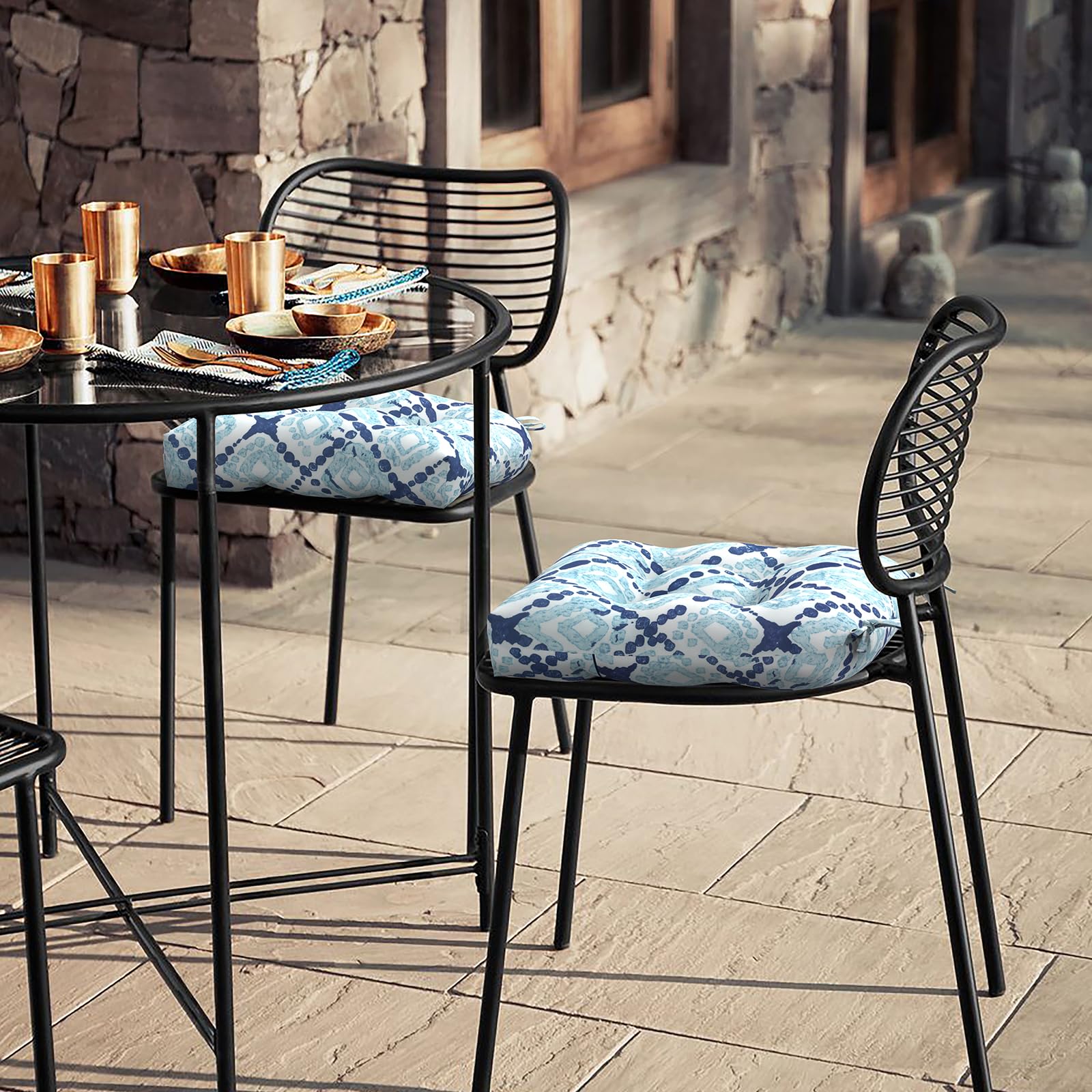 LVTXIII Set Of 2 Outdoor Bistro Seat Cushions | 15-Inch Round, All-Weather | Water & Stain Resistant | Blue Leaves Design - View #3
