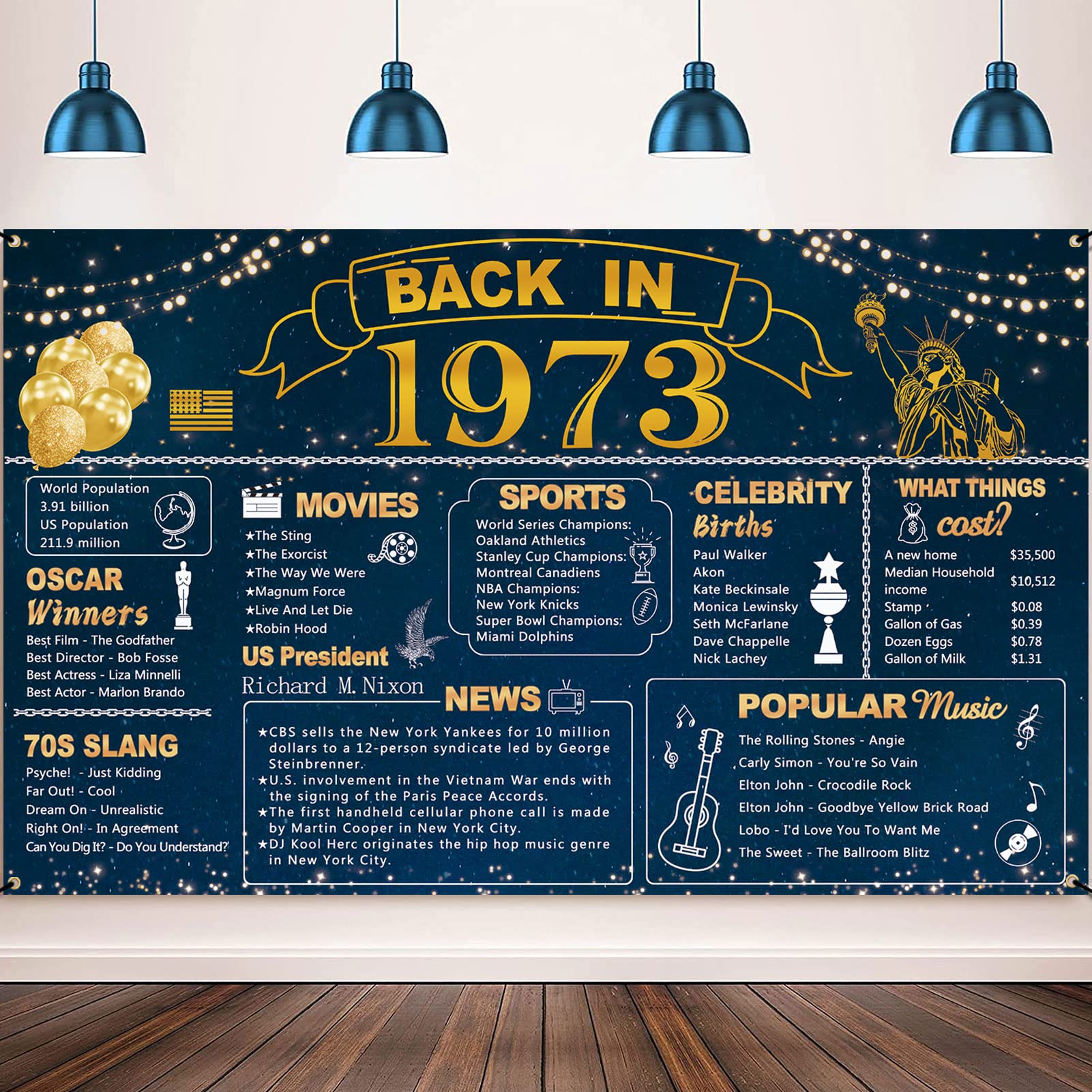 DARUNAXY 50th Birthday Blue Gold Party Decoration, Blue Back in 1973 Banner 50 Year Old Birthday Party Poster Supplies Vintage 1973 Backdrop 50th Class Reunion Photography Background for Men and Women