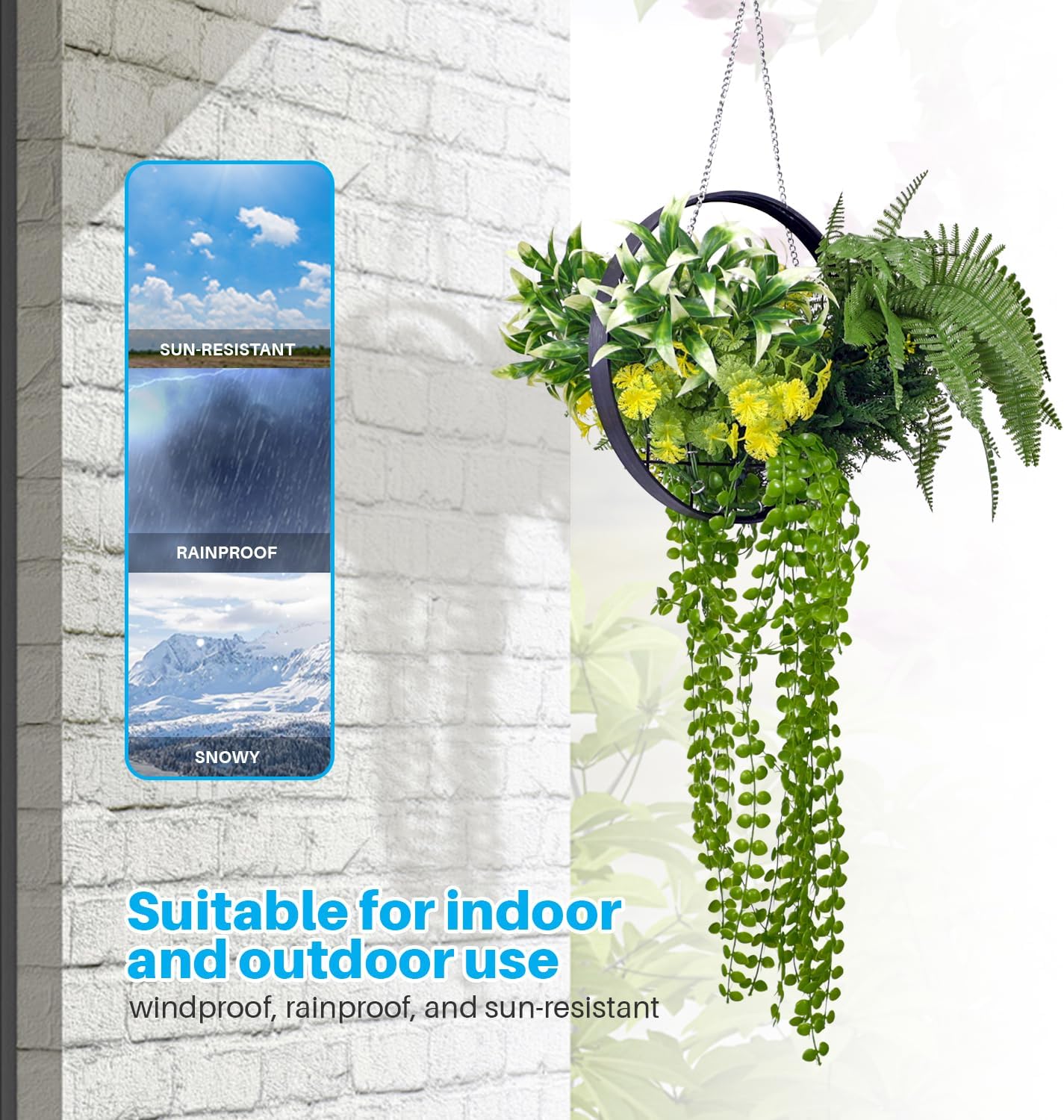 Patio Fake Hanging Plants with Black Frame 7Pcs- Artificial Wall Décor Hanging Faux Ivy with Adjustable Chaining, Greenery Flower Wall Décor Boho Hanging Planter for Home Indoor Outdoor
