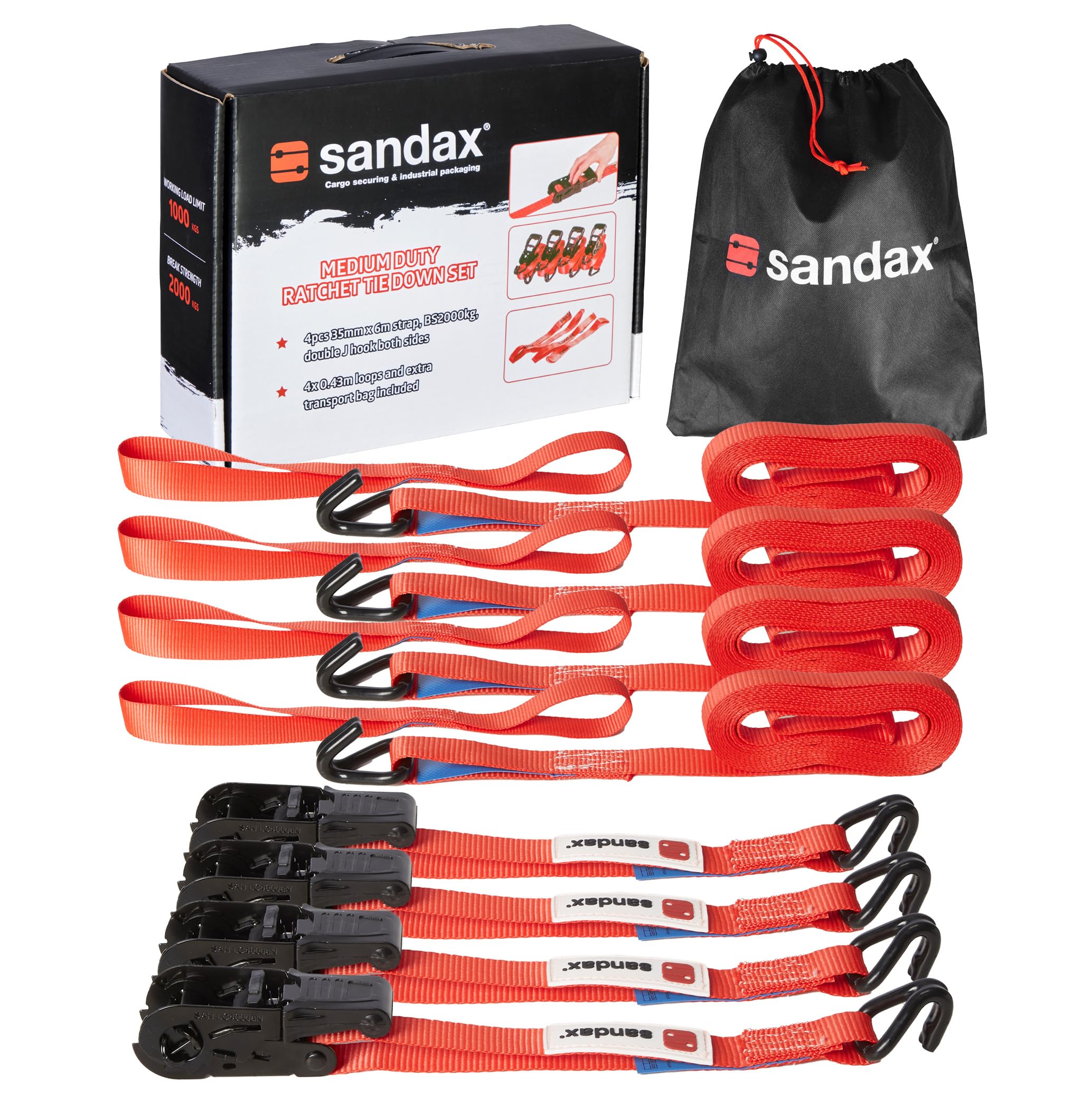 Sandax Zestaw 4 pasów mocujących o długości 4 m i szerokości 25 mm, LC 400 daN, STF 100 daN, dwuczęściowe pasy mocujące z grzechotką, pasy mocujące z grzechotką do zabezpieczenia ładunku do przyczep i
