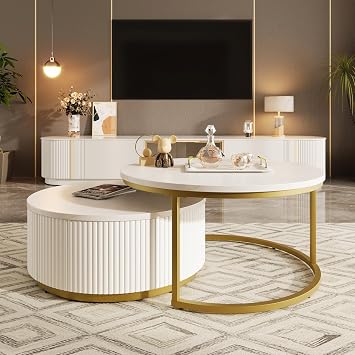 Modern 31.5" Nesting Coffee Table Set of 2, Round Coffee Table with Drawer, Luxury Sofa Table Accent Table for Living Room