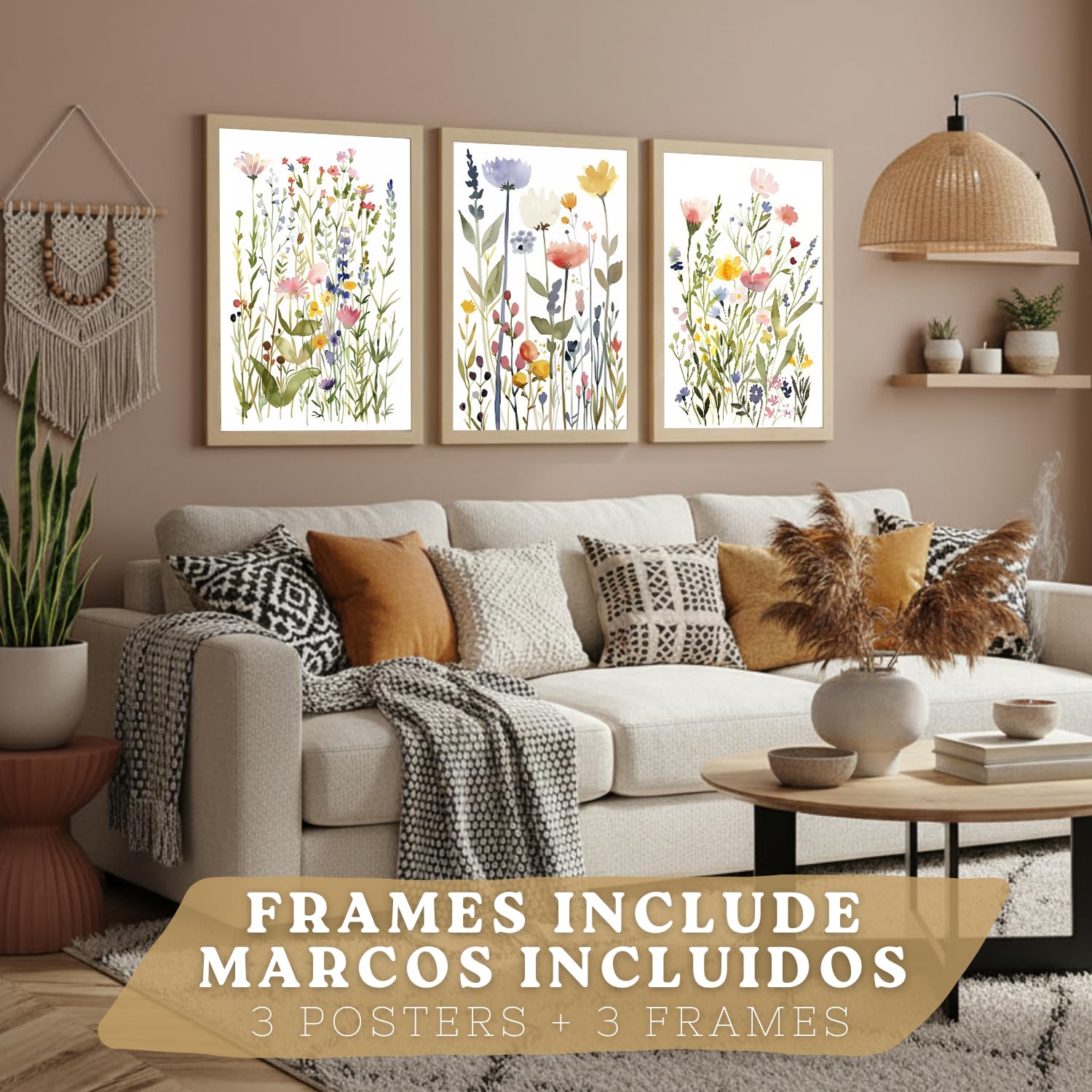 Nacnic Set Di 3 Poster Floreali Pastello. Arte Decorativa Da Parete Con Fiori Ad Acquerello. Poster Da Parete Con Motivi Botanici Minimalisti Per Soggiorno. Dimensioni A3 Telaio In Legno Chiaro