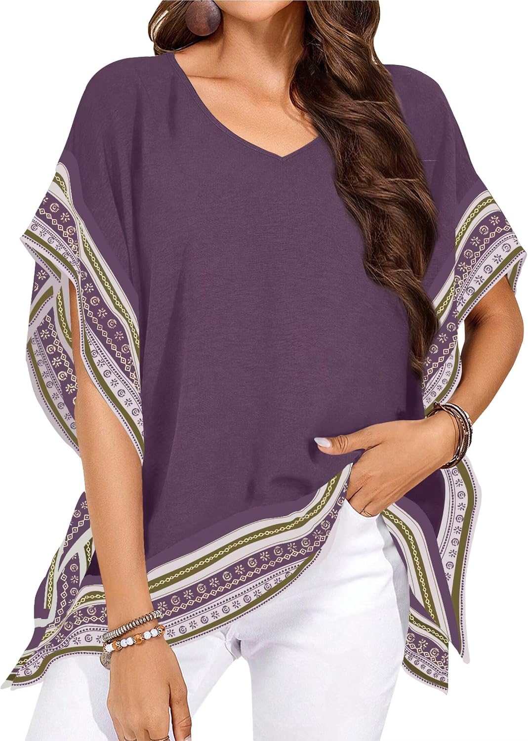 Falechay Womens Tops Batwing Short Sleeve V Neck Floral Flowy Boho Shirts