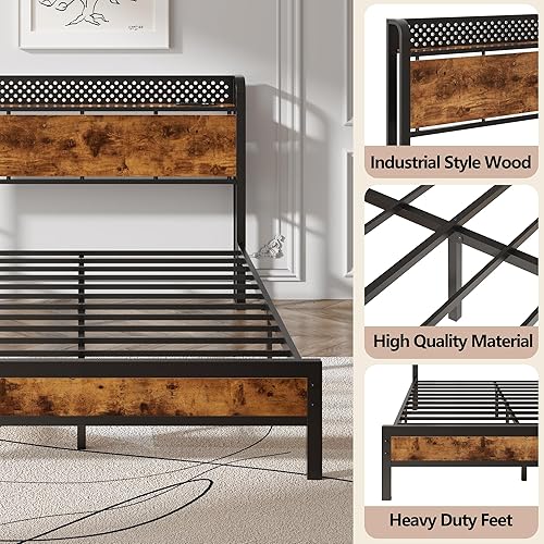 Miniatura 5 de Furnulem Base de cama tamaño individual con luces LED y estación de carga, base de cama con cabecera de almacenamiento de madera, cama de plataforma