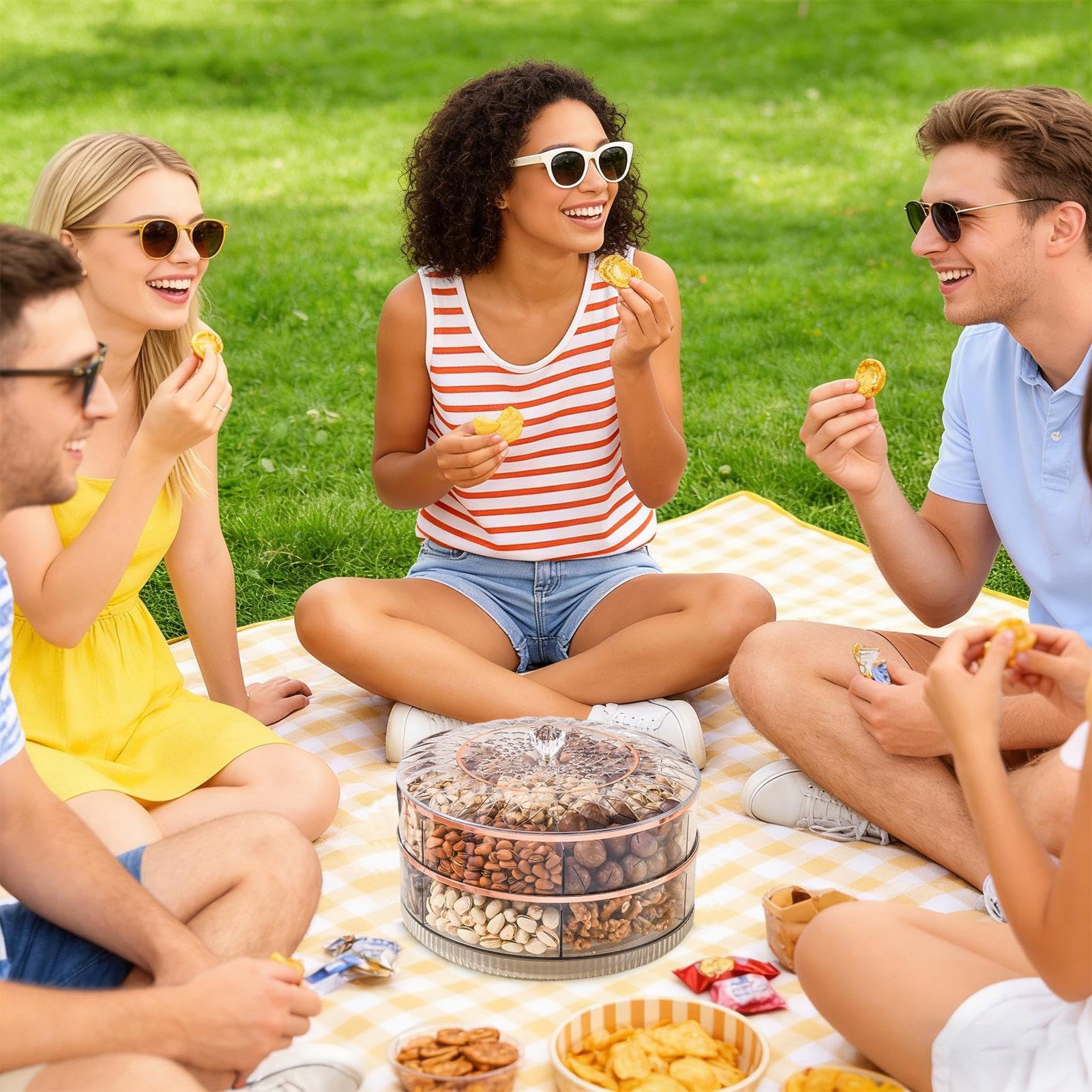 Bandeja de servir con compartimentos y tapa Bandeja de 7 Compartimentos | Bandeja de snacks con asa Para almacenar alimentos, frutos secos, , picnic, bodas, recepciones y