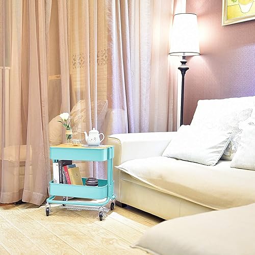 Miniatura 2 de Melody House 2-Tier Metal Utility Rolling Cart, Storage Side End Table with Cover Board